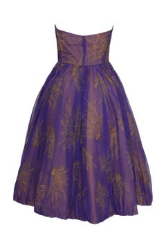 1950s Purple Organdy Silk Cocktail Evening Strapless Circle Dress