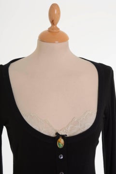 Dolce & Gabbana Black T-shirt Cardigan with Cream Lace Tank Top