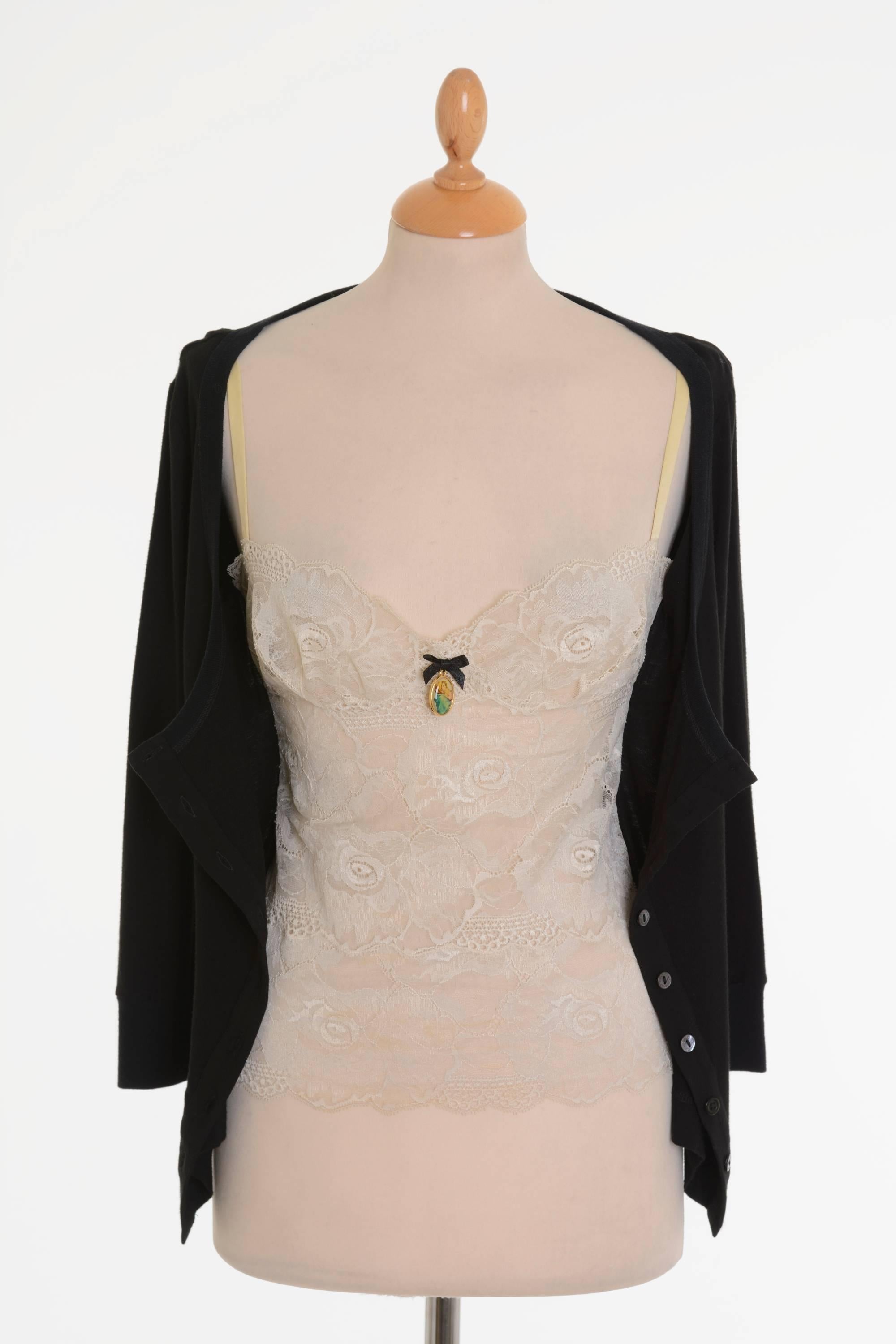 Dolce & Gabbana Black T-shirt Cardigan with Cream Lace Tank Top In Excellent Condition For Sale In Milan, Italy