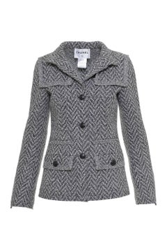 2008 FW CHANEL Black and White Herringbone Weaved Wool Jacket