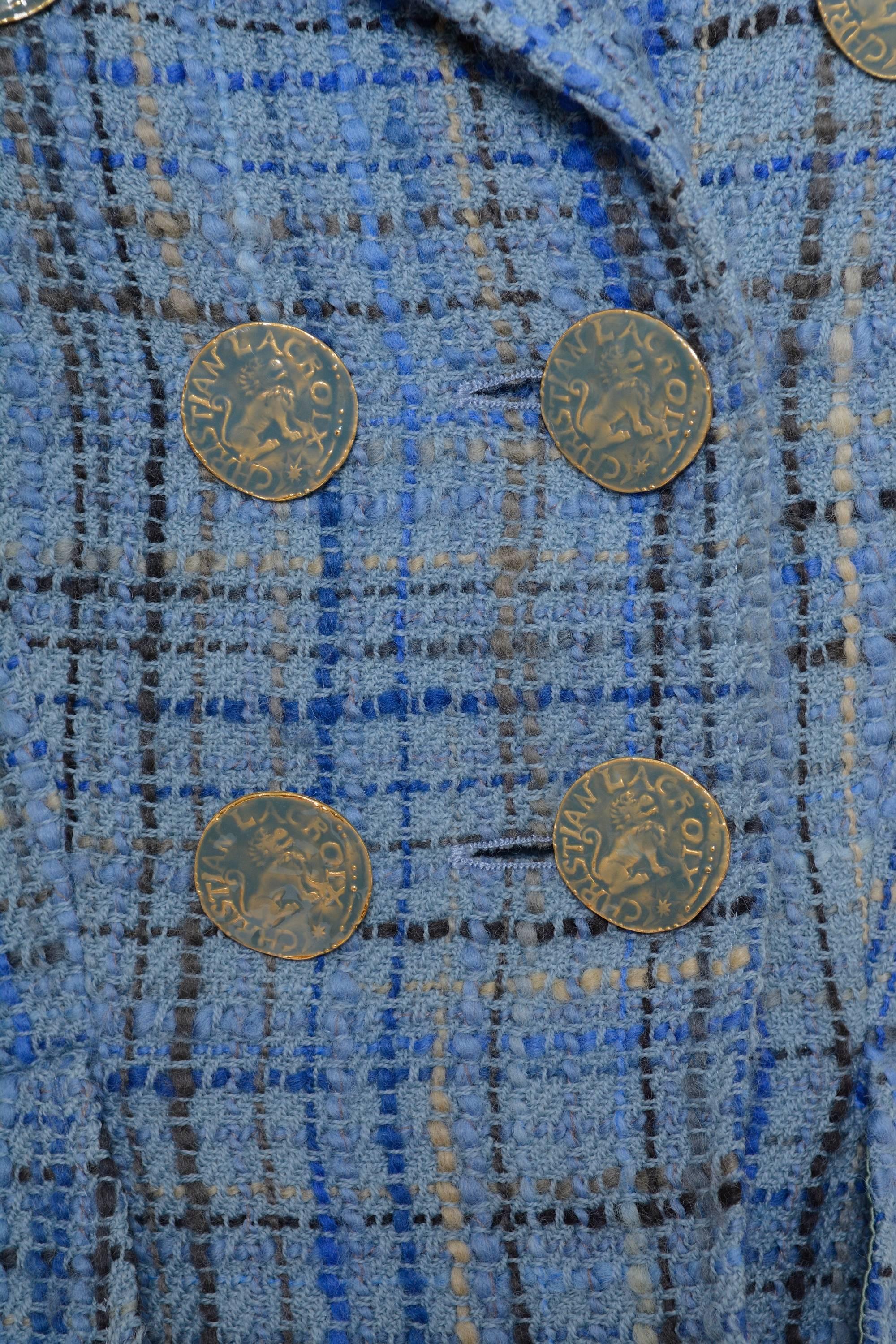 Gray CHRISTIAN LACROIX Blue Winter Check Tweed Blazer Jacket 