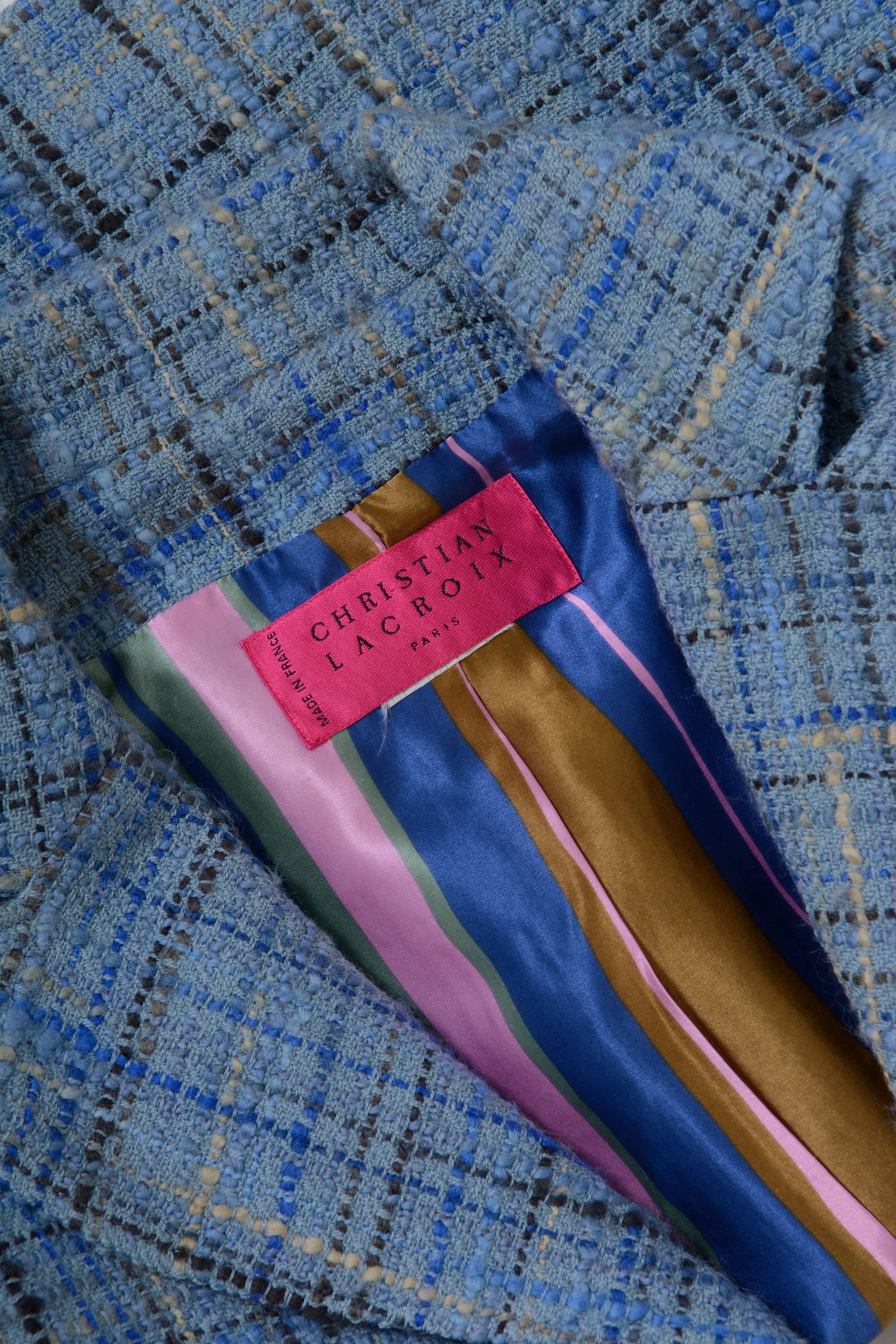 CHRISTIAN LACROIX Blue Winter Check Tweed Blazer Jacket  In Excellent Condition In Milan, Italy