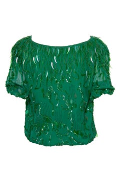 Oleg Cassini Embroidery Green Silk Balloon Blouse, 1980s