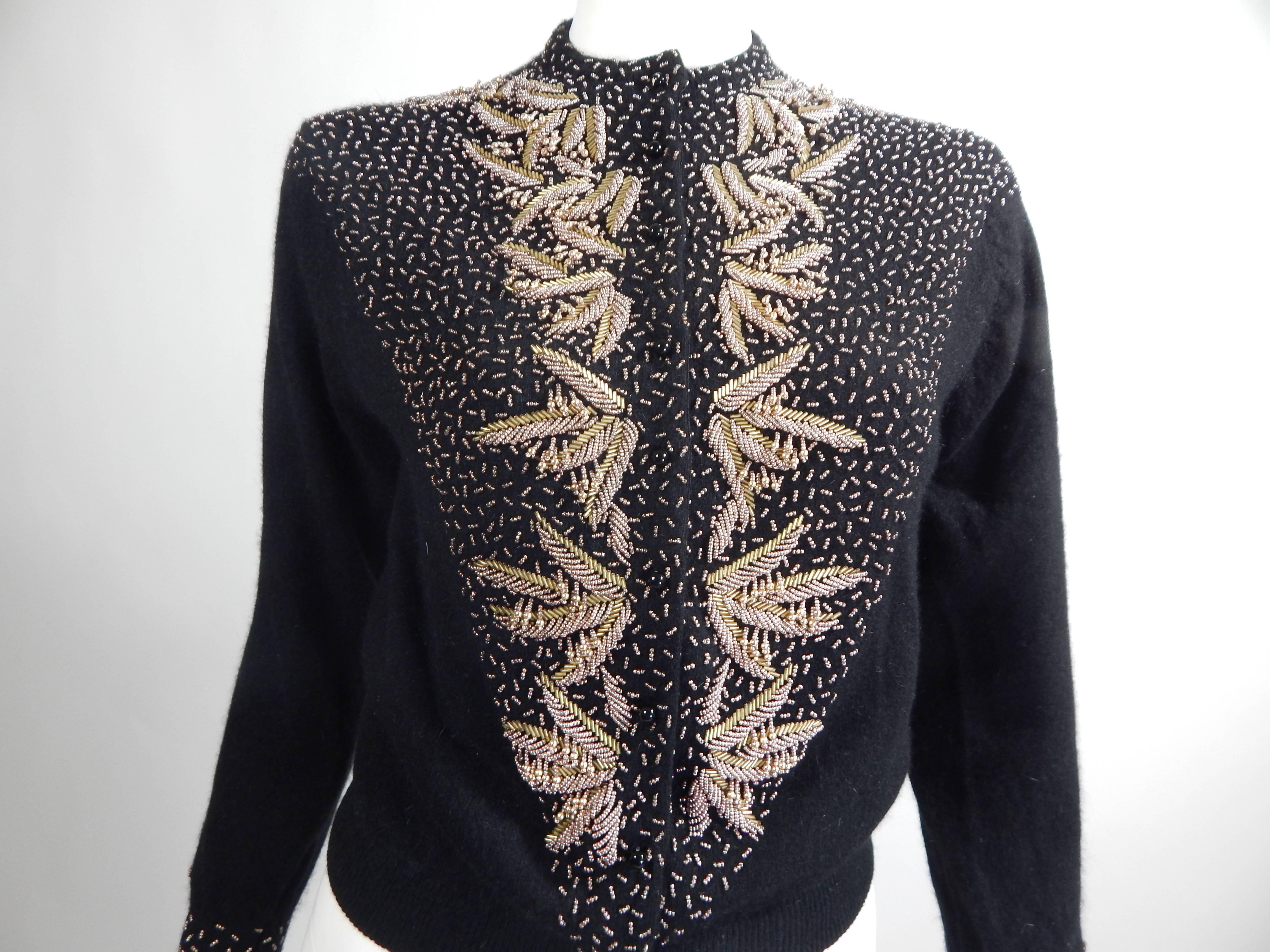 1950s Black Beaded Cardigan Sweater In Excellent Condition In Long Island City, NY