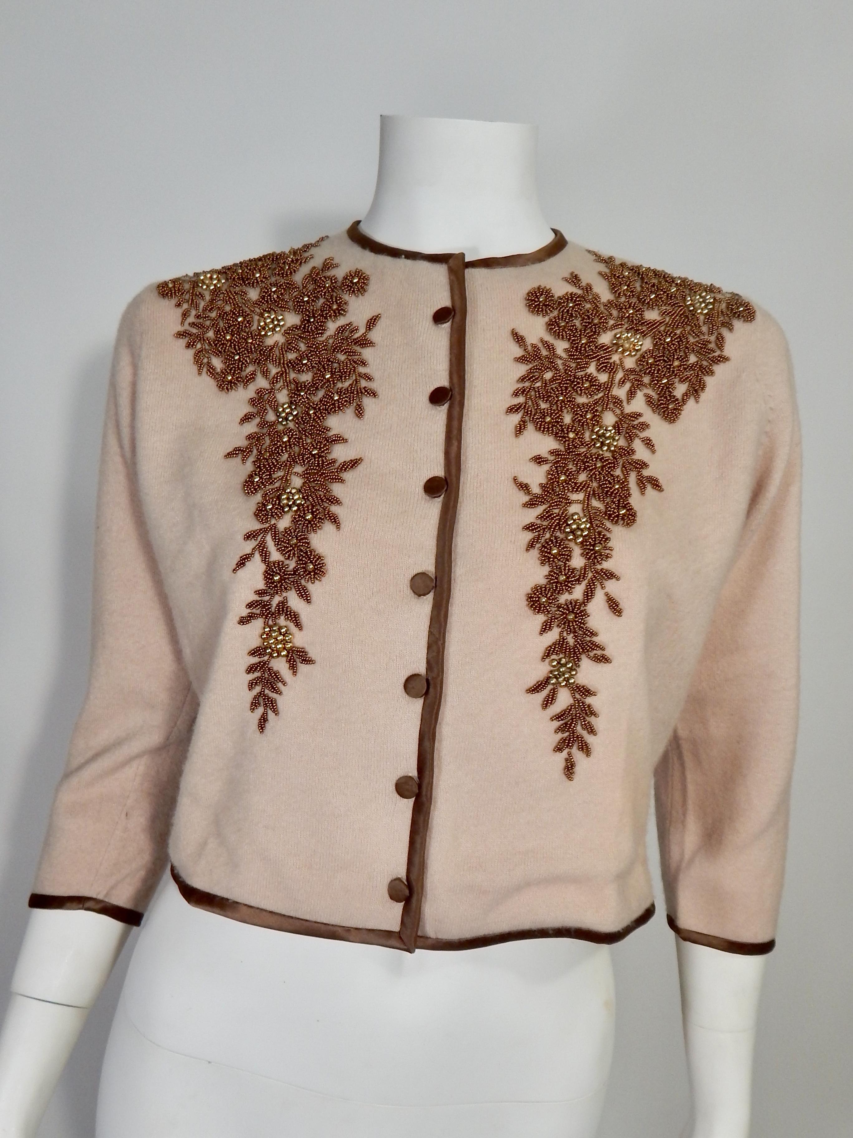 Brown 1950s Cashmere Beaded Cardigan For Sale