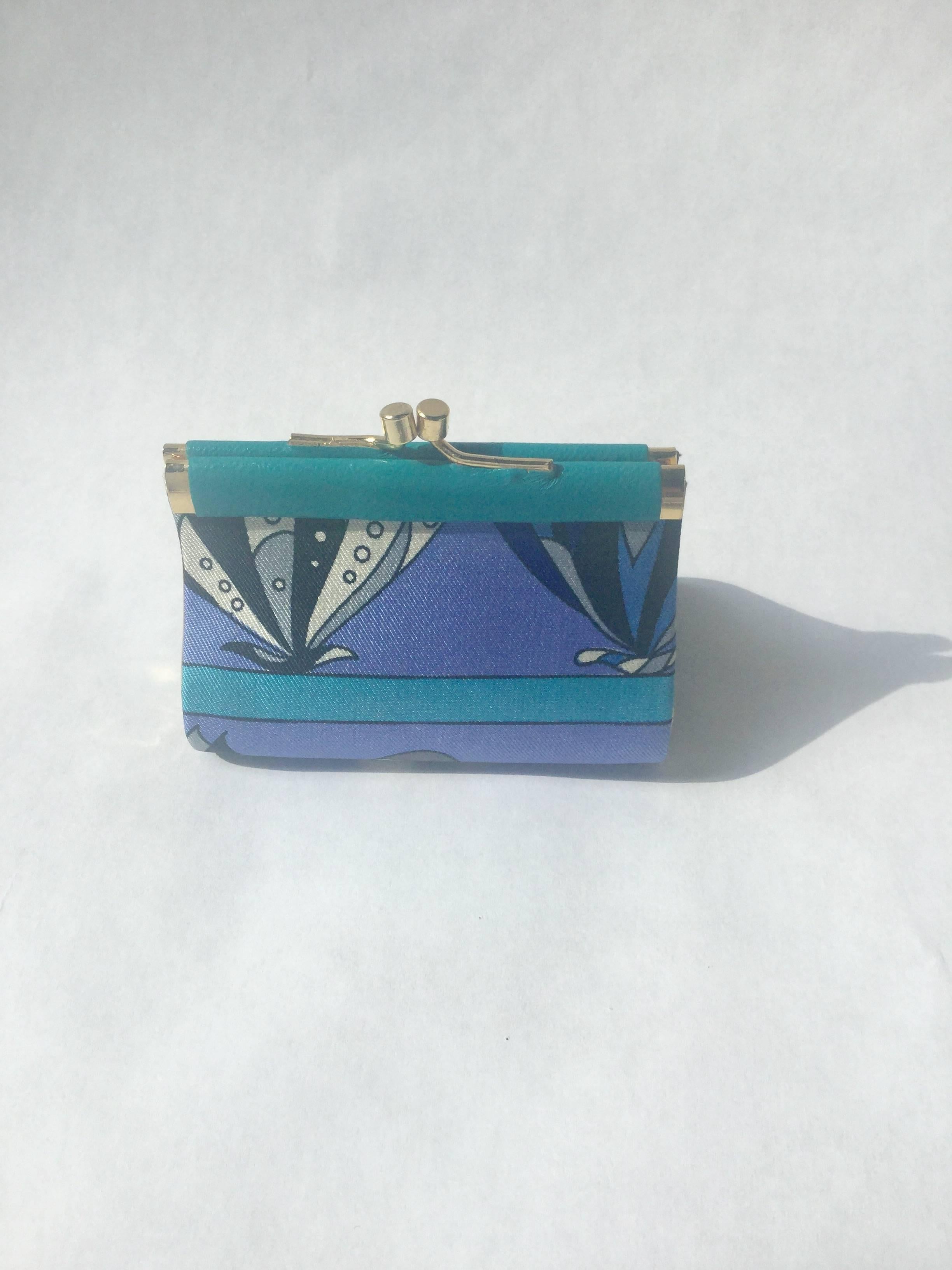 1960s Emilio Pucci Coin Purse. Made in Italy. Signature Pucci Fabric Design. Turquoise Leather. Gold hardware and clasp. Excellent Condition.