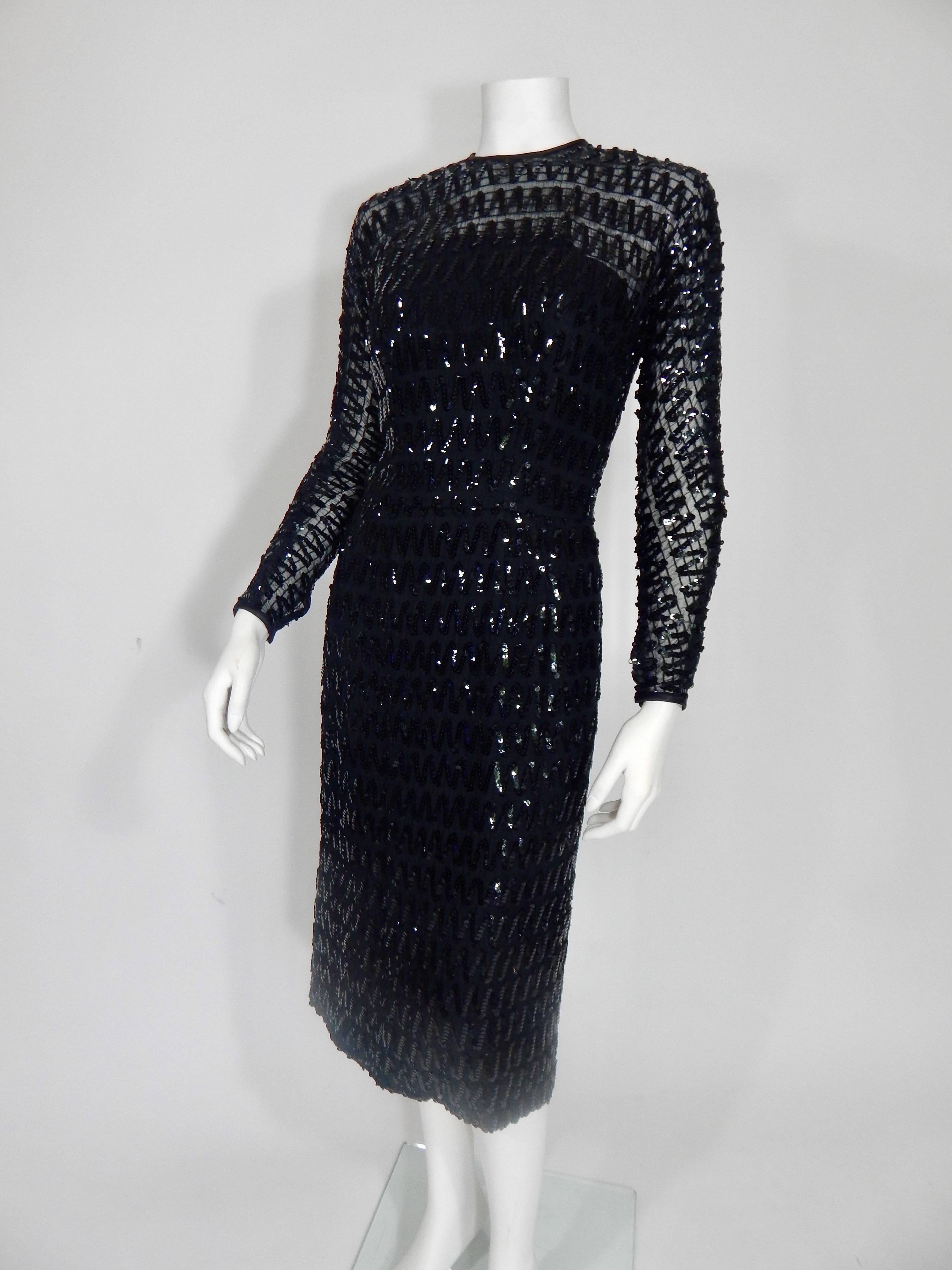 Women's Black Sequin Sheer Dress, 1950s  For Sale