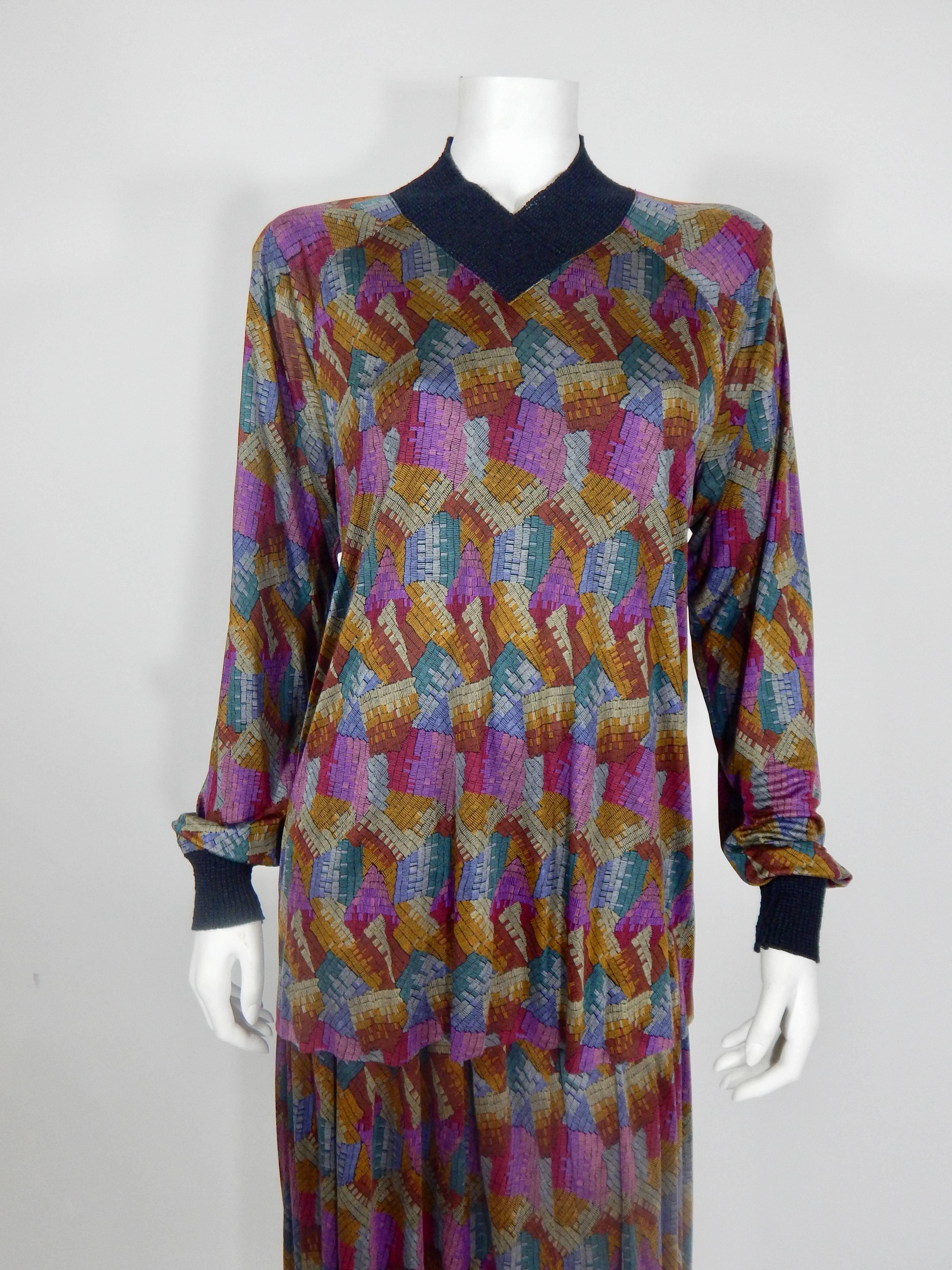 Late 1970s Missoni Dress / Matching Skirt and Top Ensemble. Luxurious 100% Silk Fabric with Black Knit trim at Cuffs and Collar. Skirt is Lined in Silk. Light shoulder pads. Both pieces retain original tags. Tag reads size 46 which converts to US