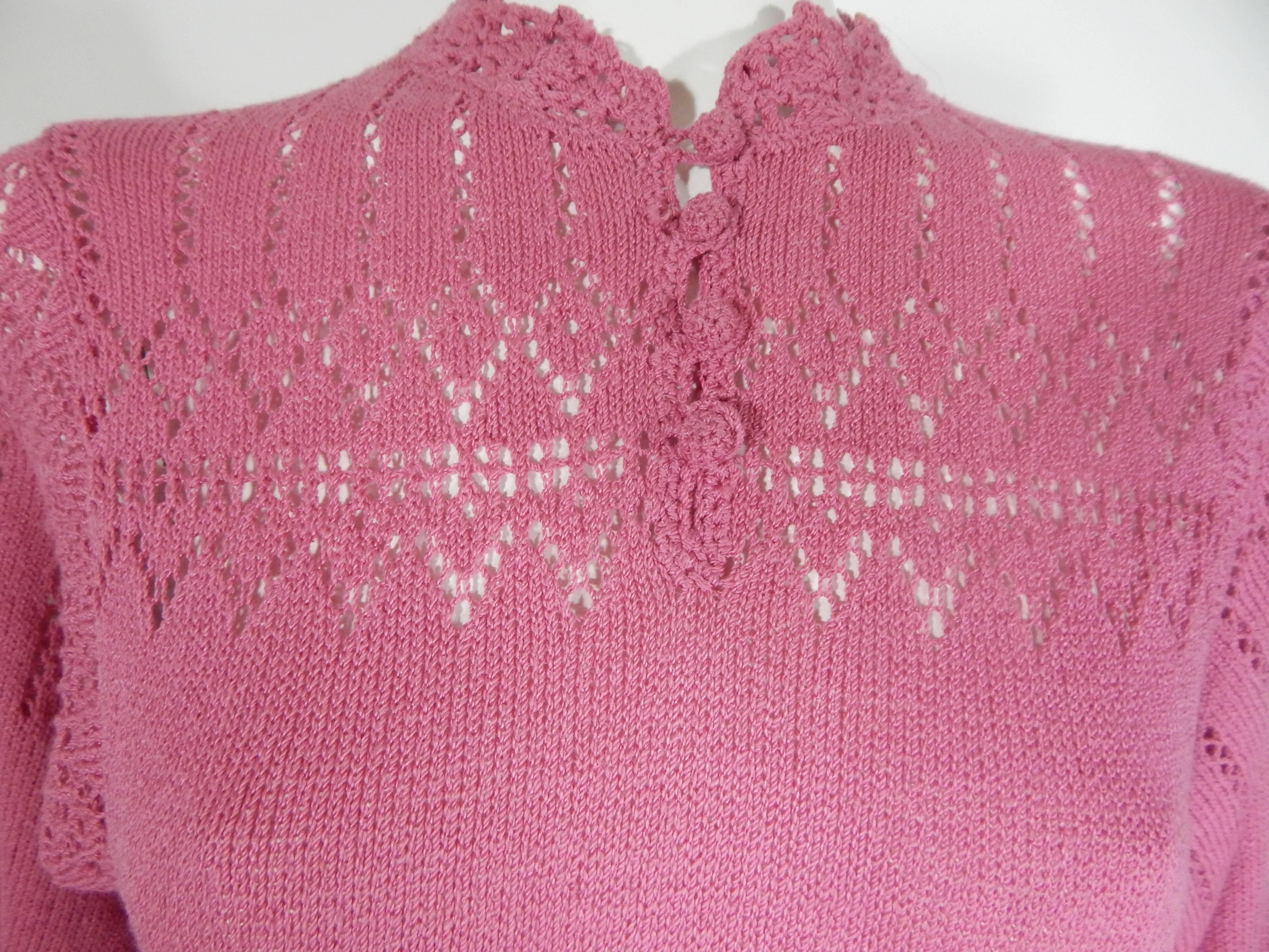 Pink Knit Crochet Dress, 1970s  For Sale