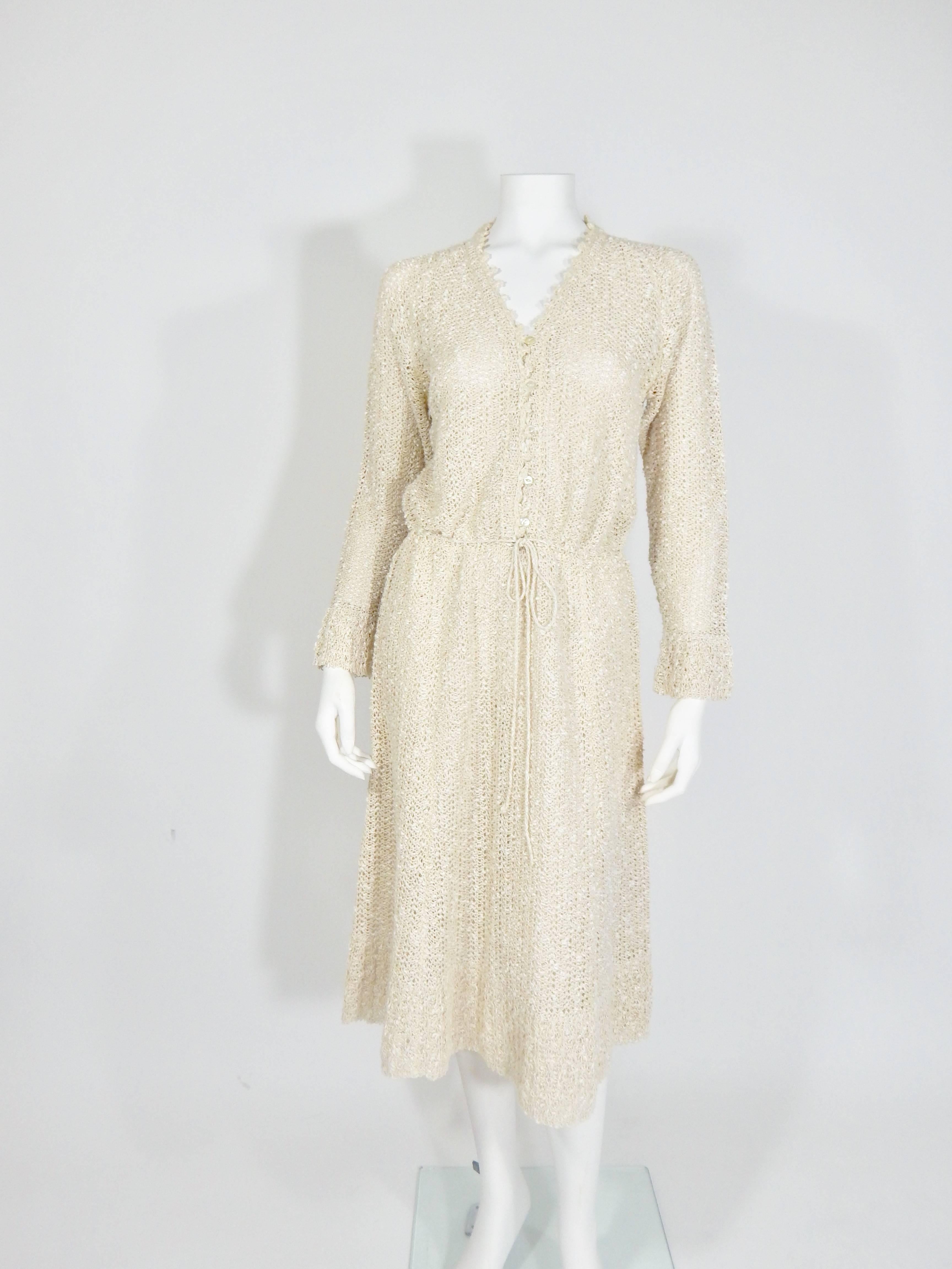 Beige Crochet Dress and Shawl, 1970s  For Sale