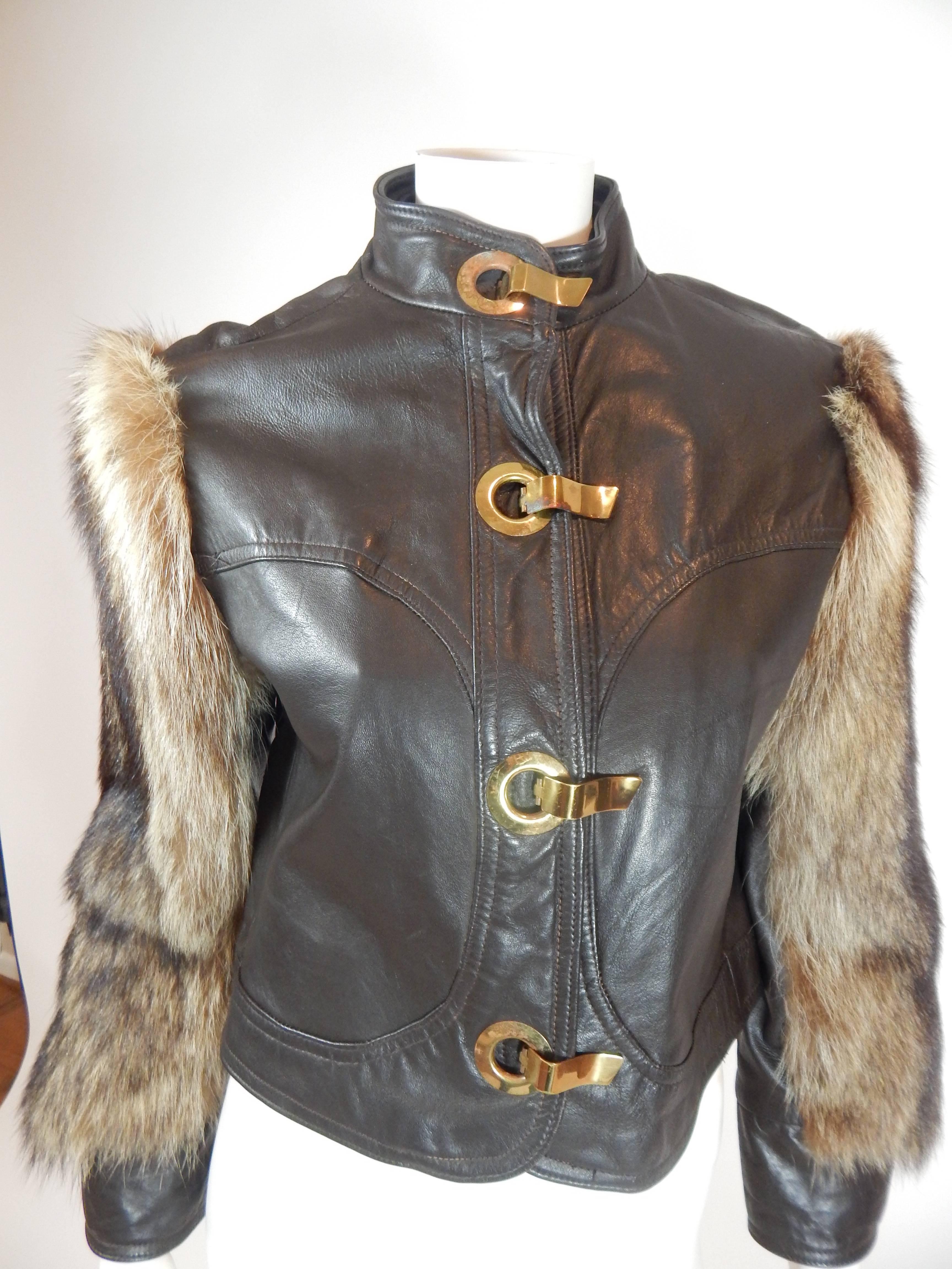 Gray 1970s Leather and Fur Coat 