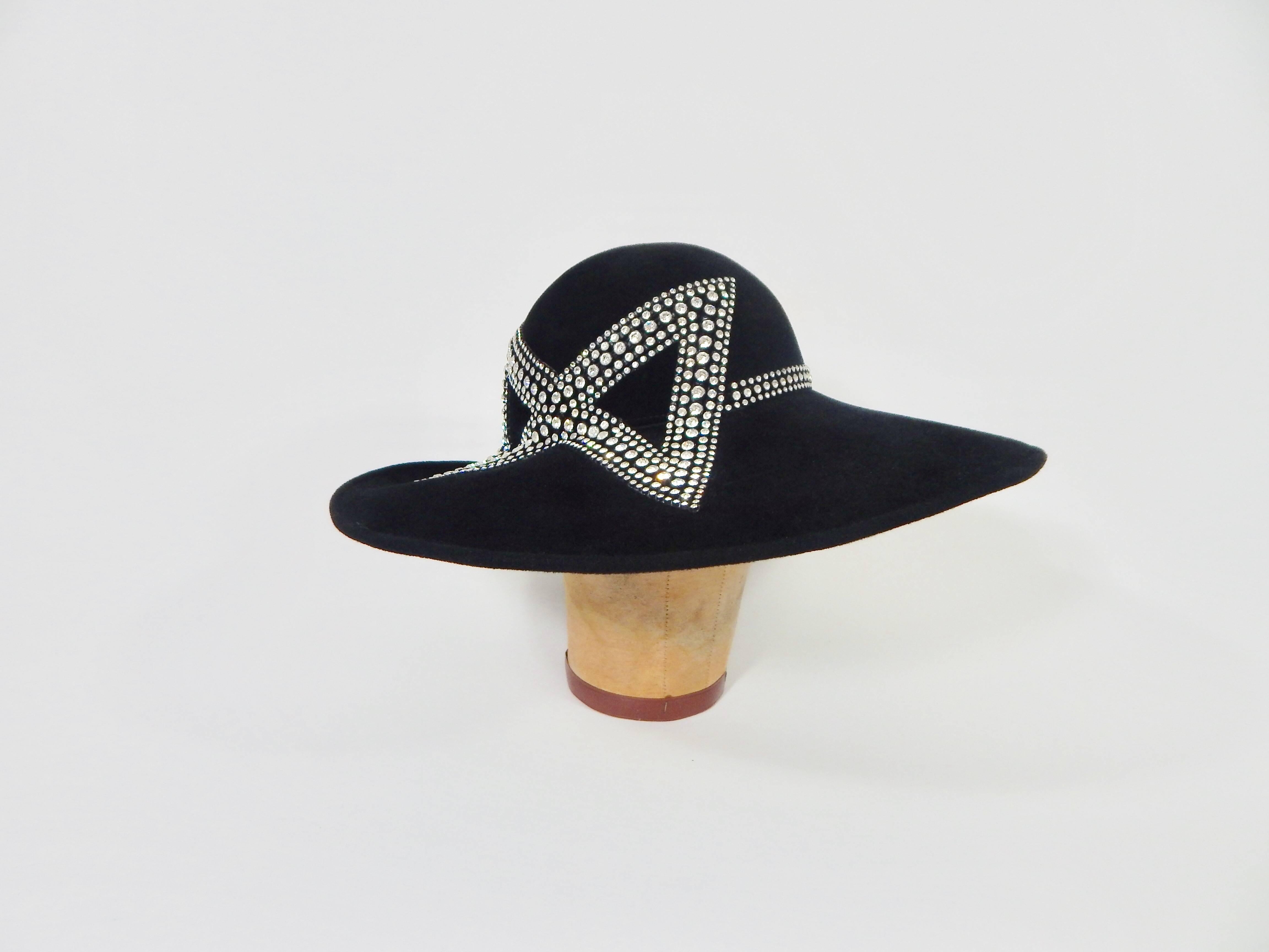 Fabulous 1950s Jack McConnell New York Hat. Black Felt with Rhinestones. 
Size 22 inches or medium. Excellent Condition. 