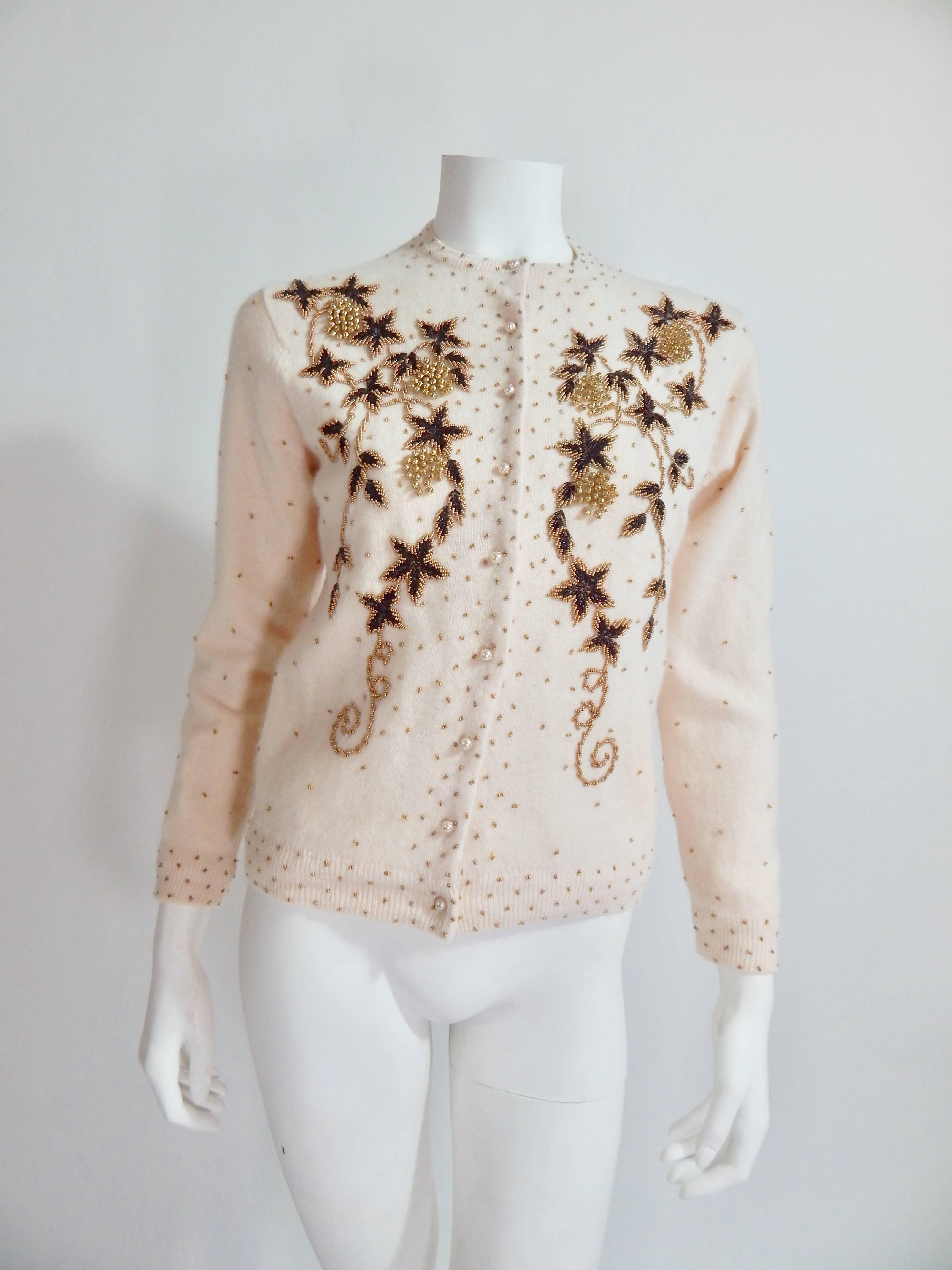 1950s Beaded Cardigan. Off White with Black and Gold Beadwork. Off White Silk Lining. Size Small / Medium 