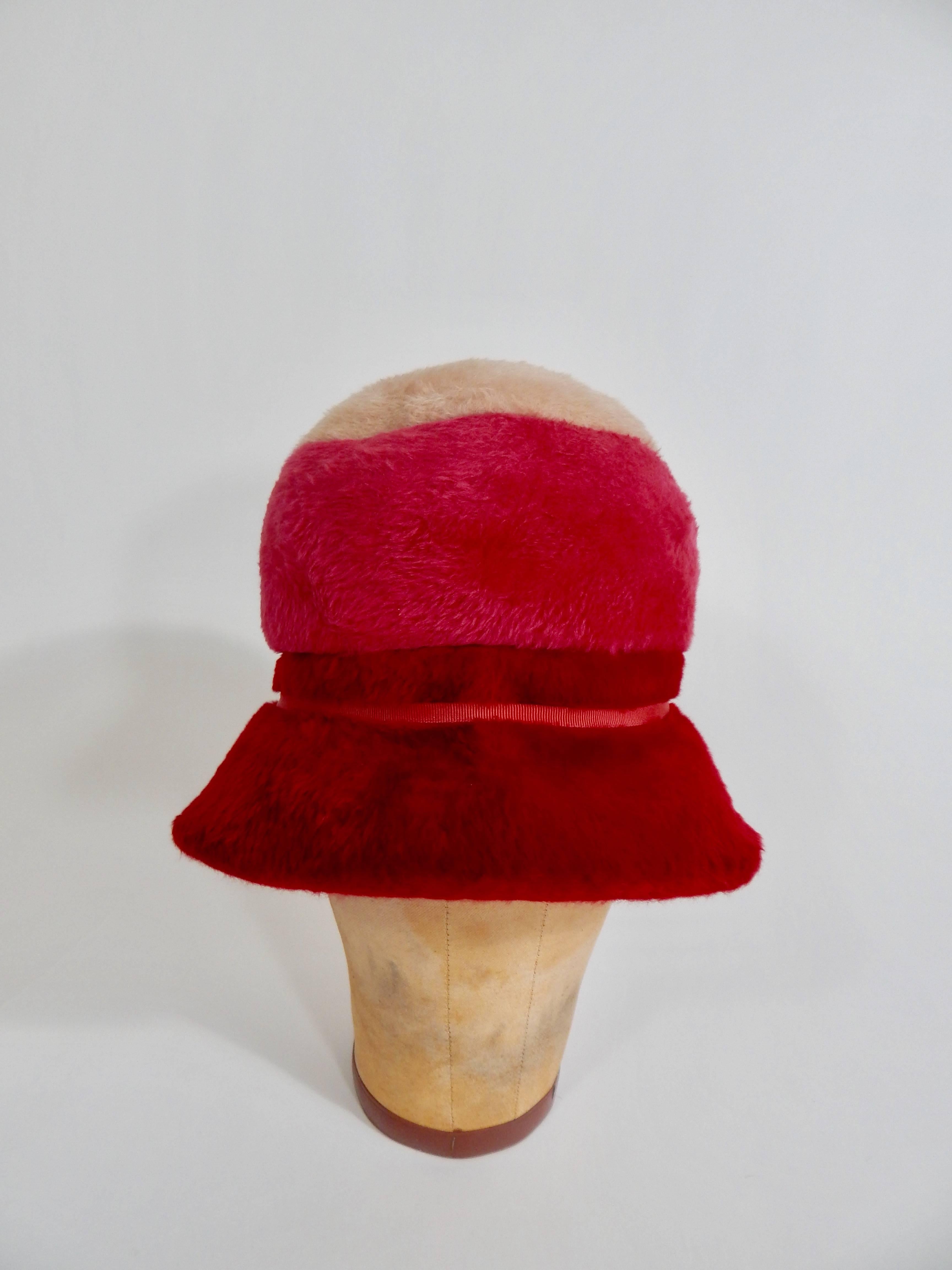1950s Adolfo Paris New York Hat. Body Made in Italy for Adolfo. Red, Dark Pink and Tan. Size 21 7/8 inches.
