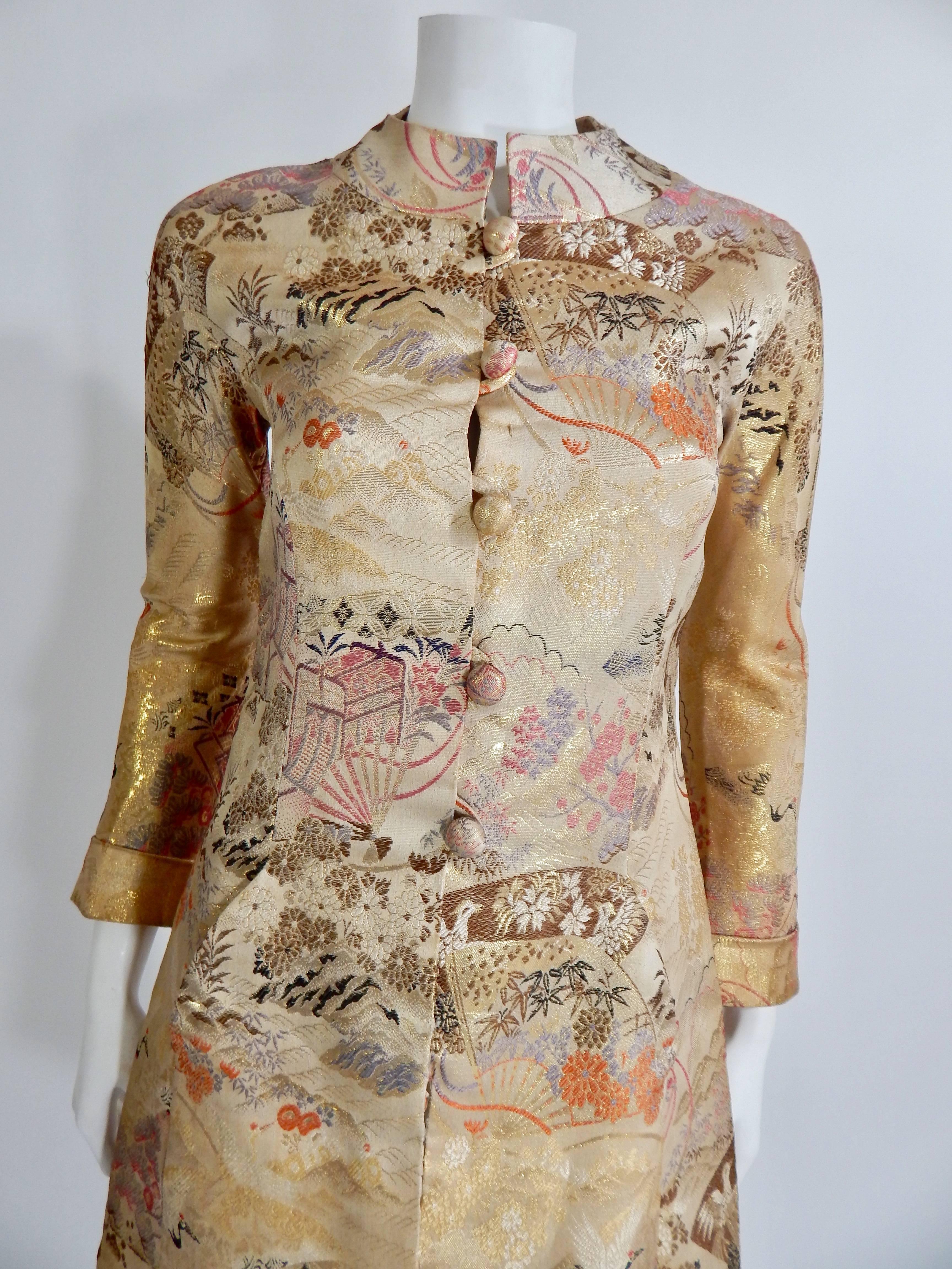 Gorgeous 1960s Henri Bendel Silk Coat. Asian Silk Embroidered Fabric. Lined in Silk. Coat is in overall excellent condition with some light staining to silk lining interior.  Vintage tag reads size 8 however Coat is an approximate modern day size 2.