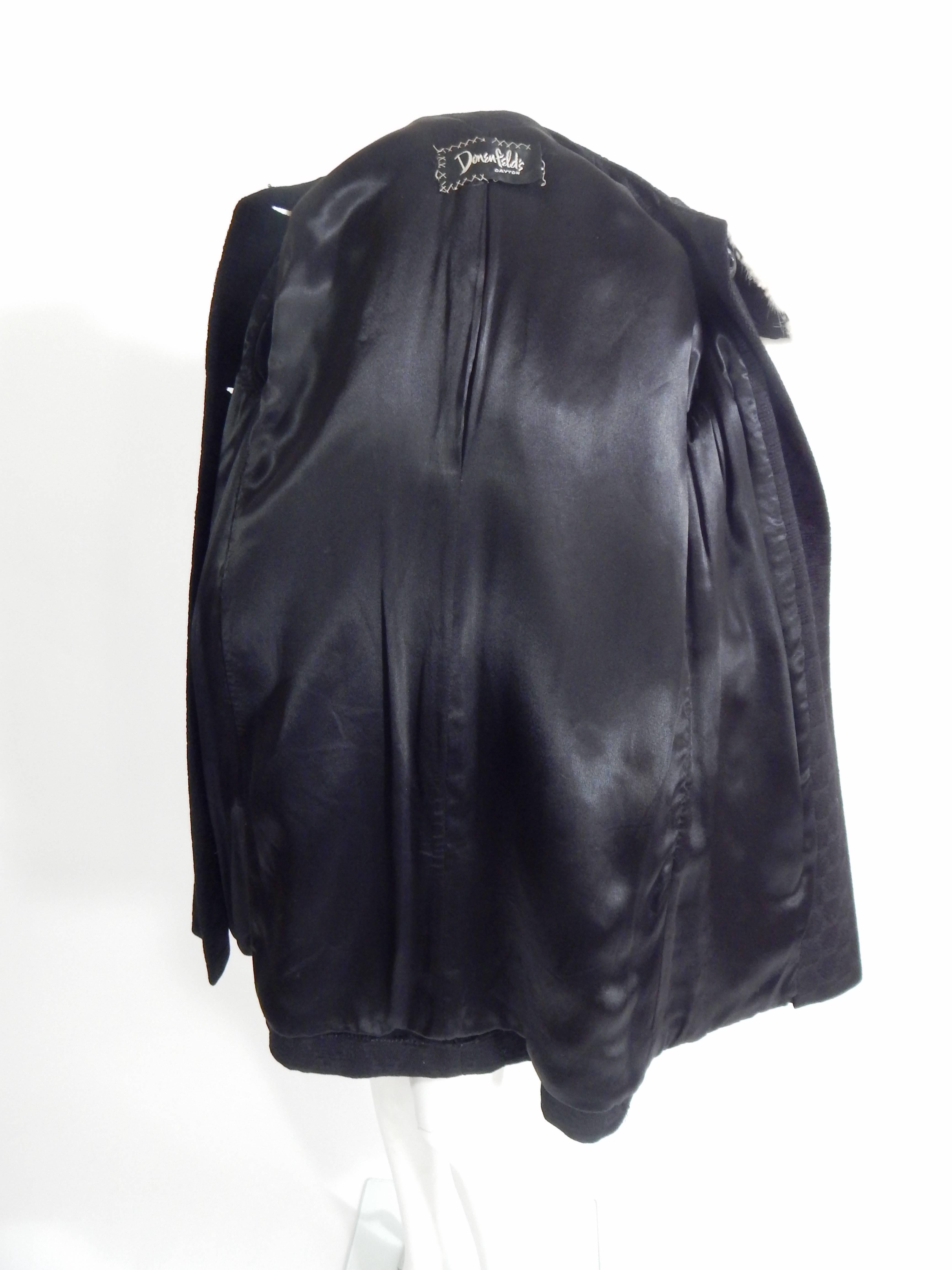 1950s Black Wool Coat with Mink Collar and Cuffs For Sale 1