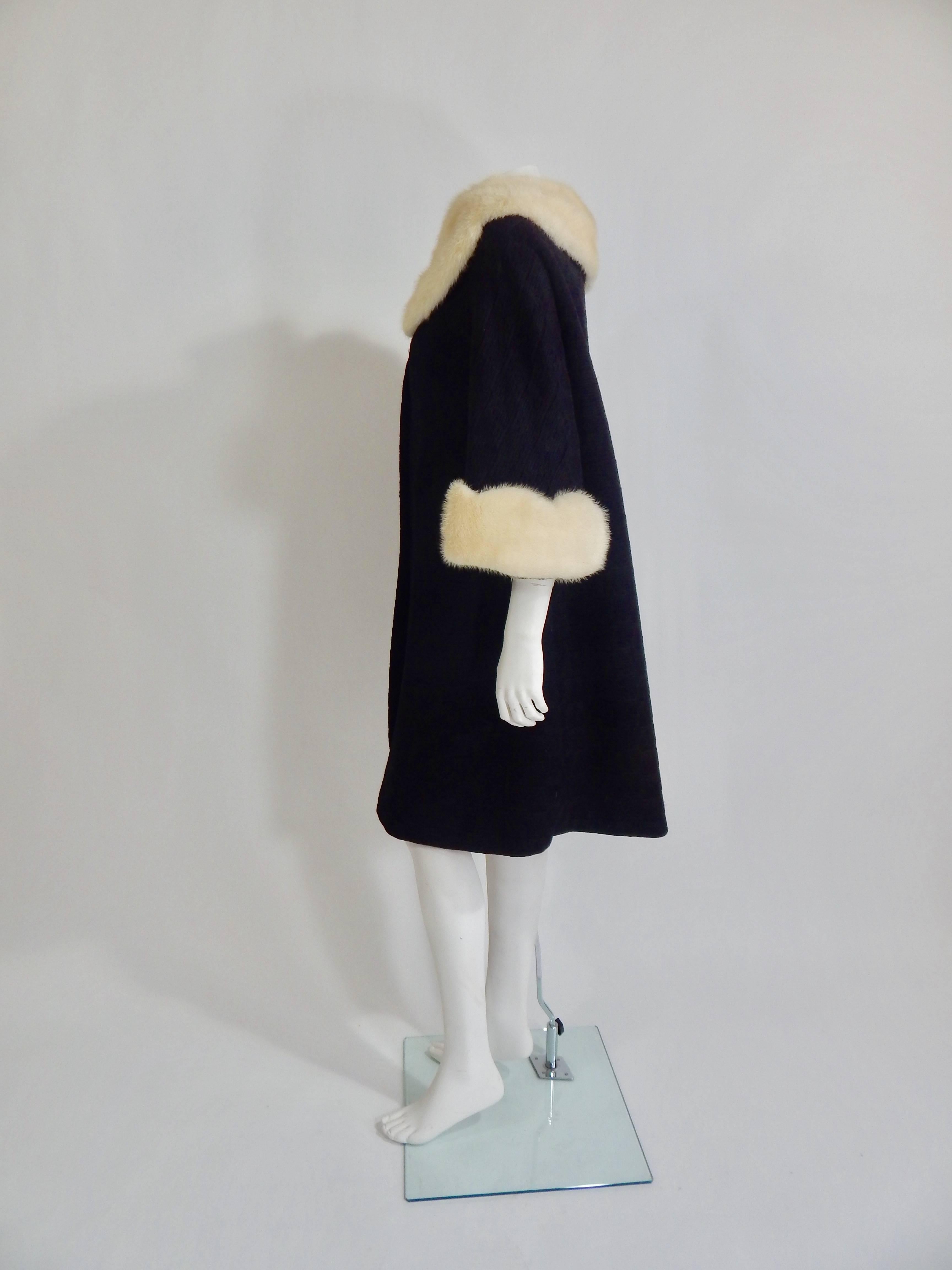 1950s Black Wool Coat with Mink Collar and Cuffs In Excellent Condition For Sale In Long Island City, NY