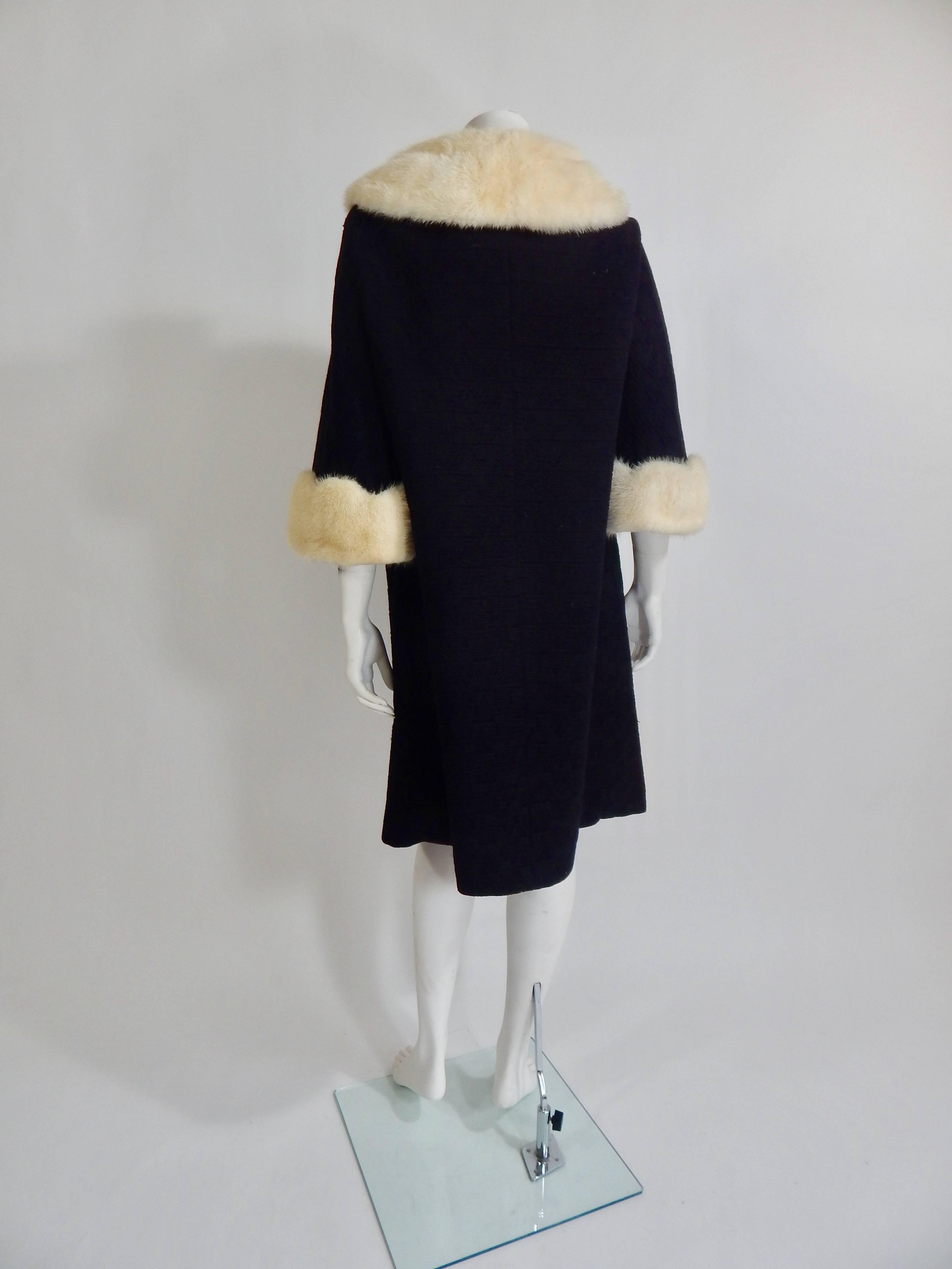 Women's 1950s Black Wool Coat with Mink Collar and Cuffs For Sale