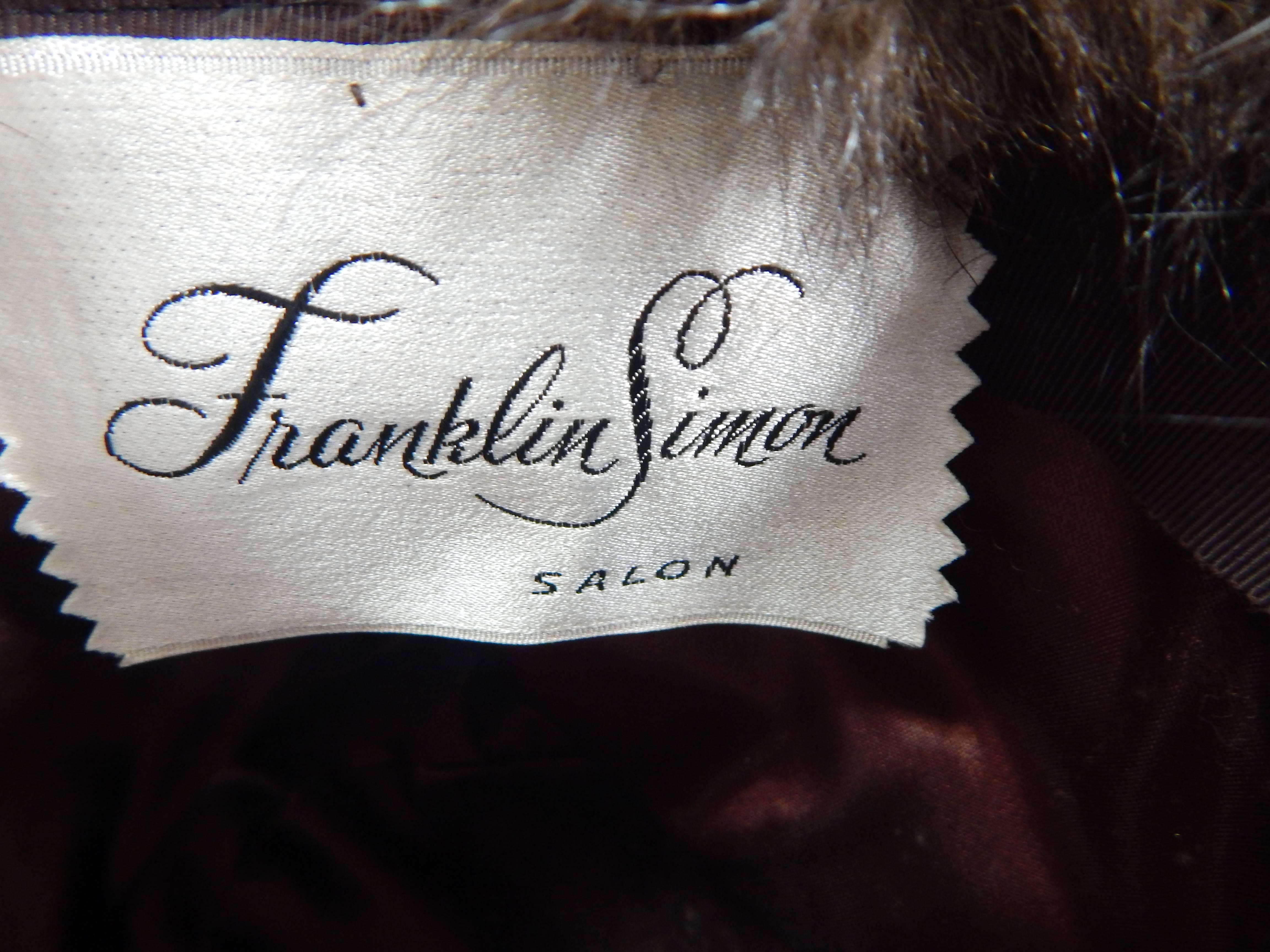 1950s Franklin Simon Mink Fur Hat In Excellent Condition For Sale In Long Island City, NY