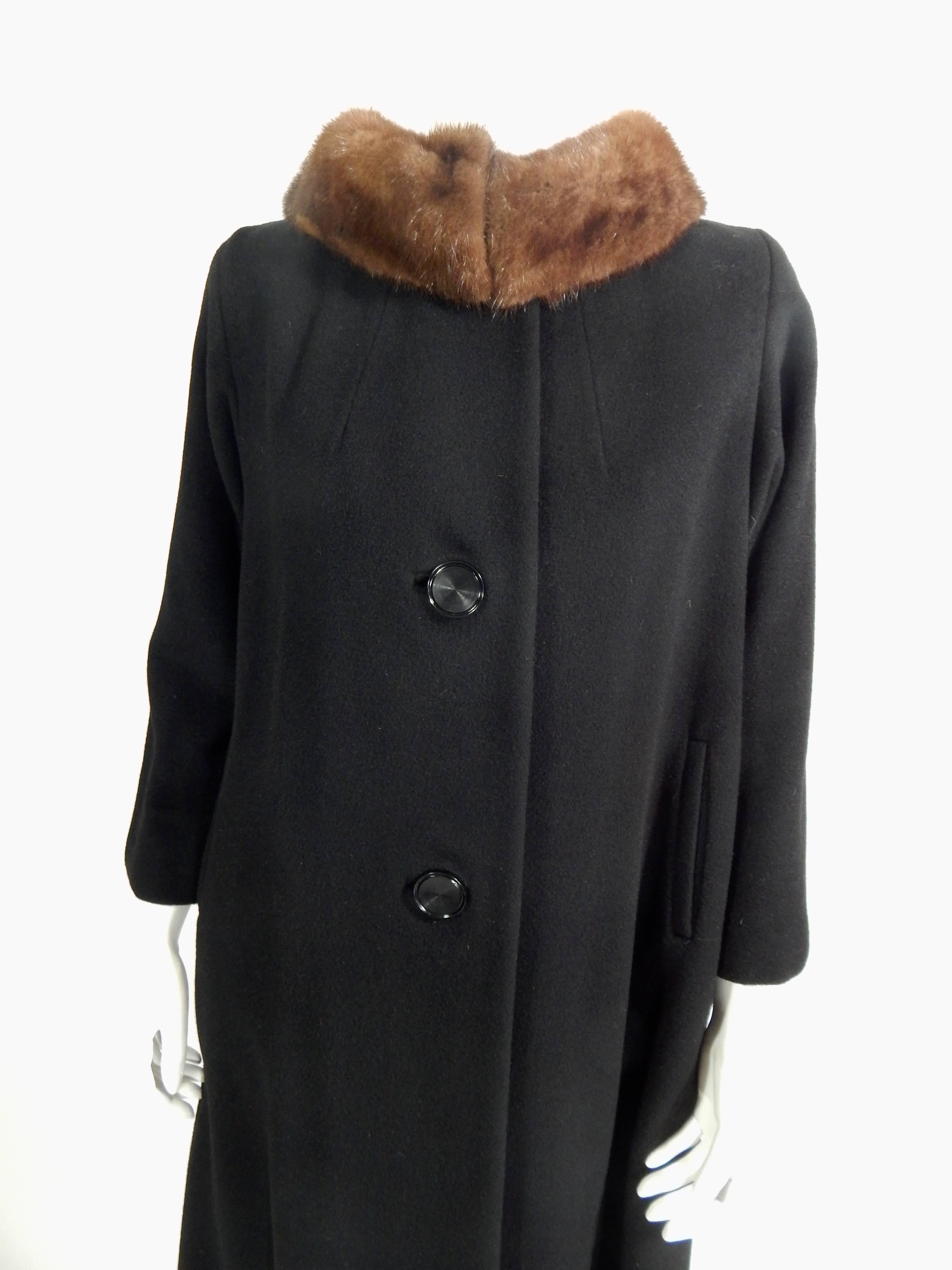 Women's Black Cashmere and Mink Fur Coat, 1950s   For Sale