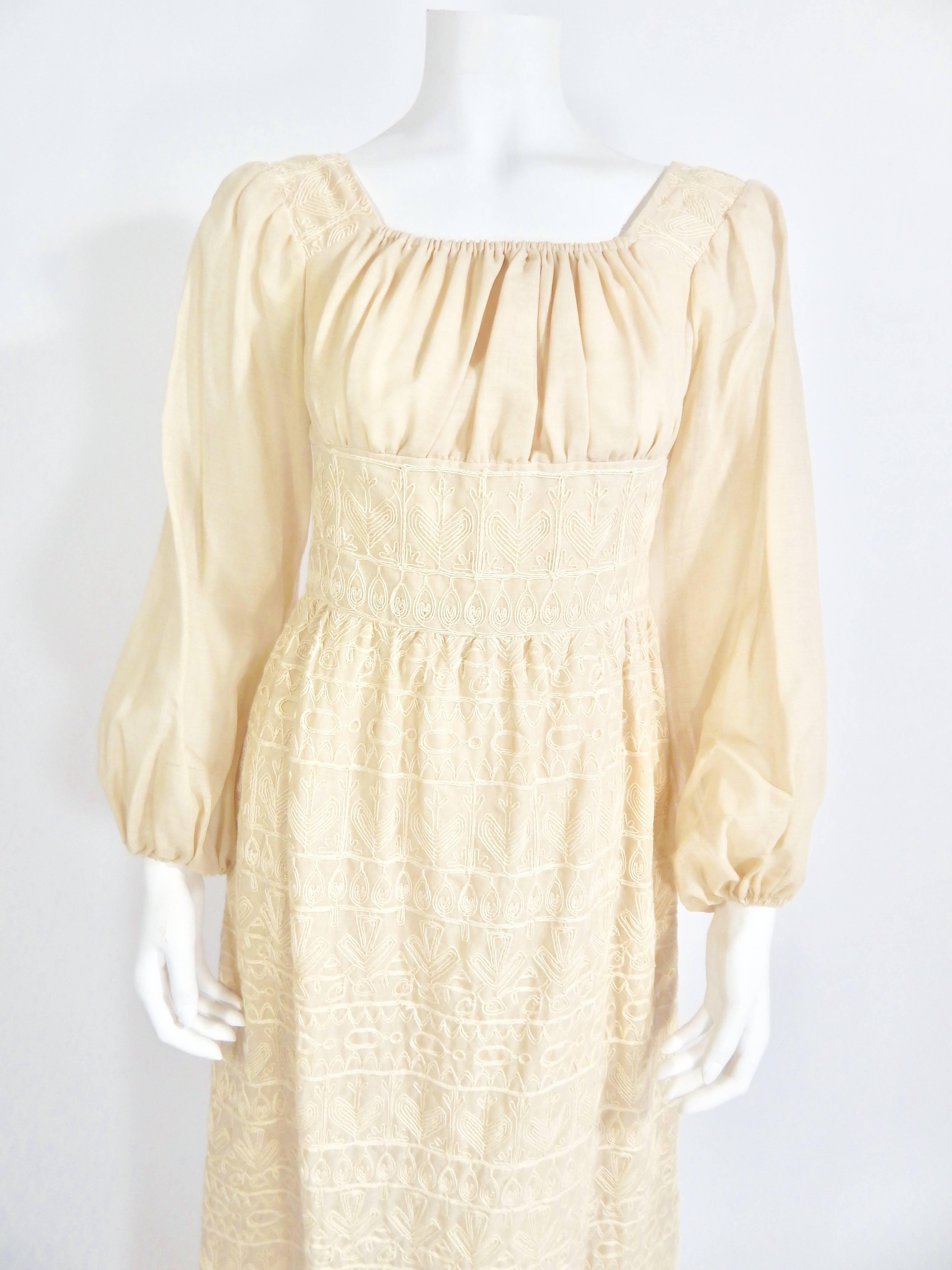 Beige 1970s Bohemian Embroidered Maxi Dress For Sale