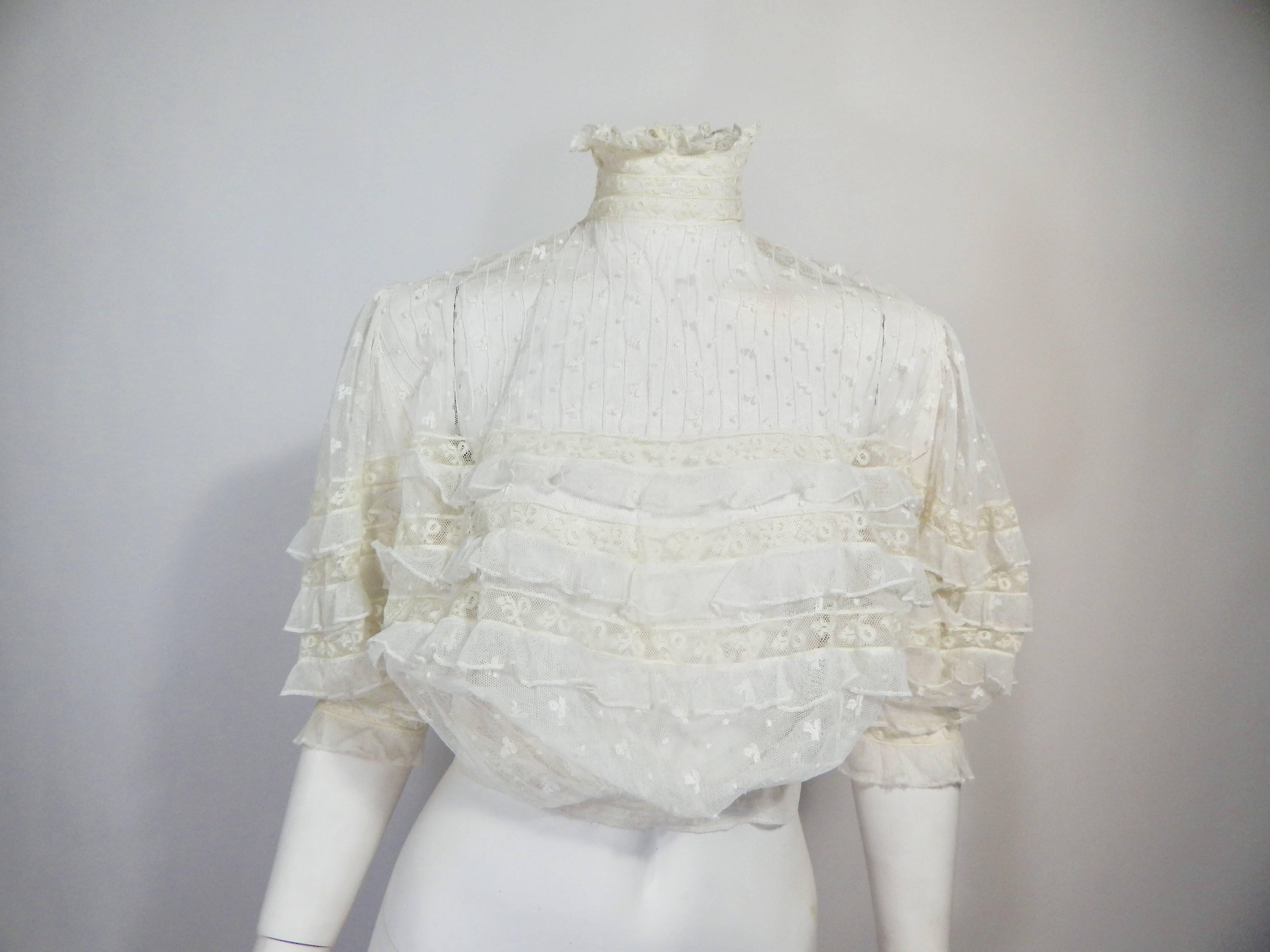 Antique Vintage 1900s Edwardian Sheer Embroidered Ruffled Blouse Top. Hook and eye closures up back. Approximate modern day Small or Size 2. Excellent Condition. 