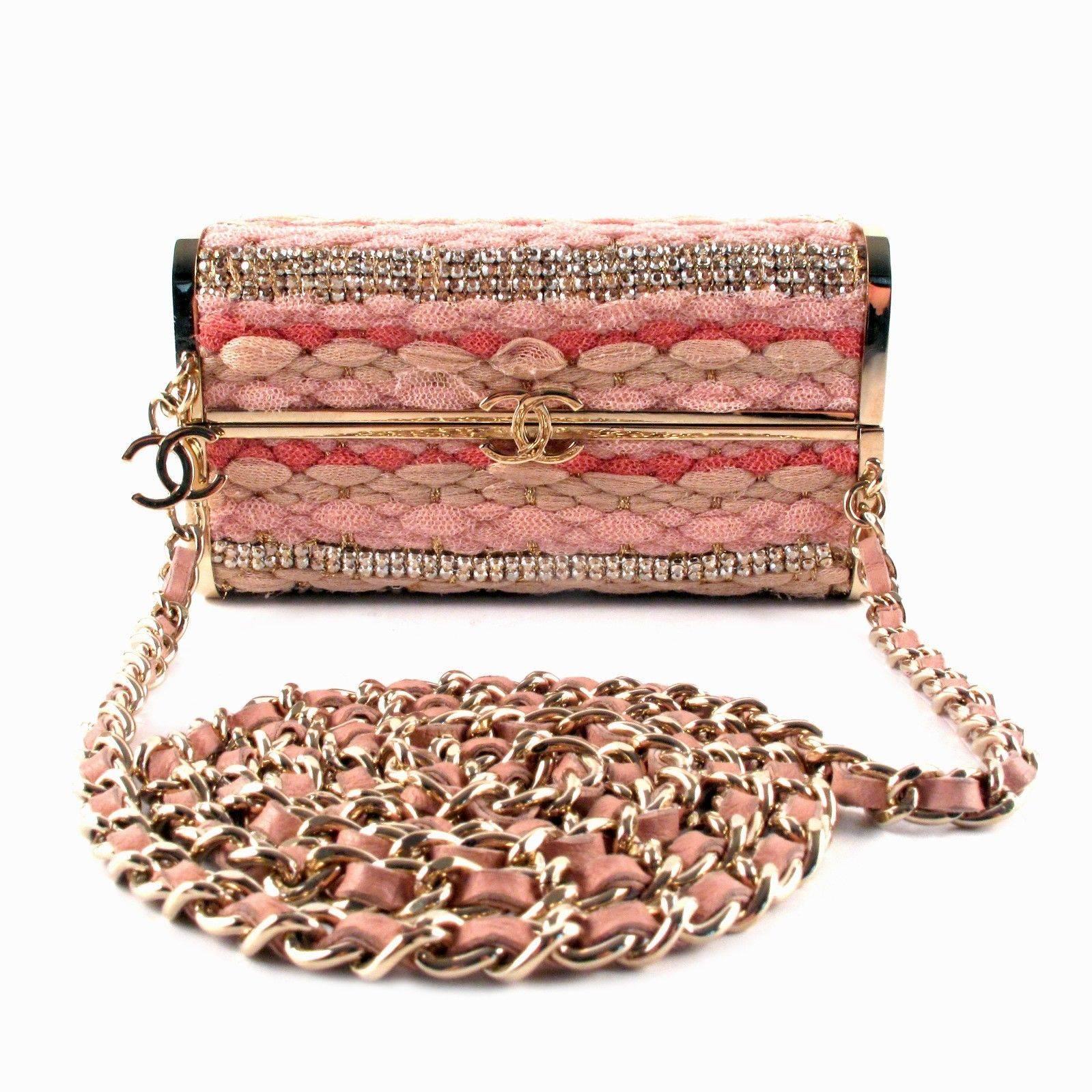 Chanel Box Bag Pink Crystal Leather Tweed Chain Gold CC Minaudiere Handbag In Excellent Condition In Prahran, Victoria