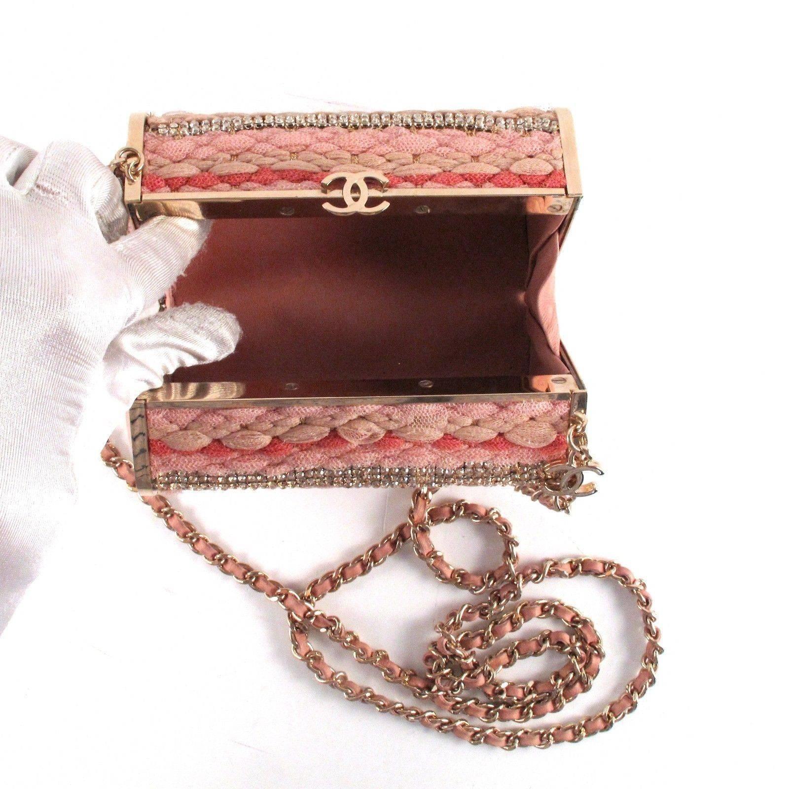 Brown Chanel Box Bag Pink Crystal Leather Tweed Chain Gold CC Minaudiere Handbag