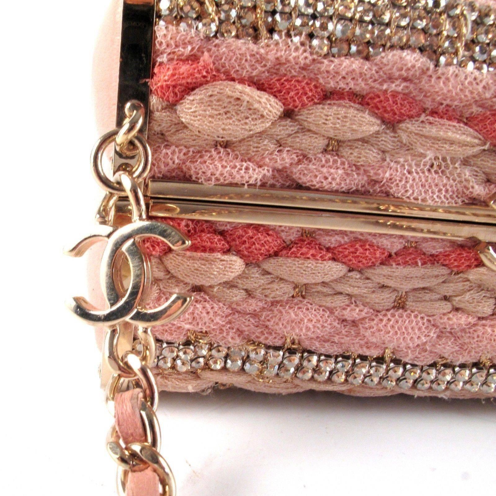 Chanel Box Bag Pink Crystal Leather Tweed Chain Gold CC Minaudiere Handbag 1