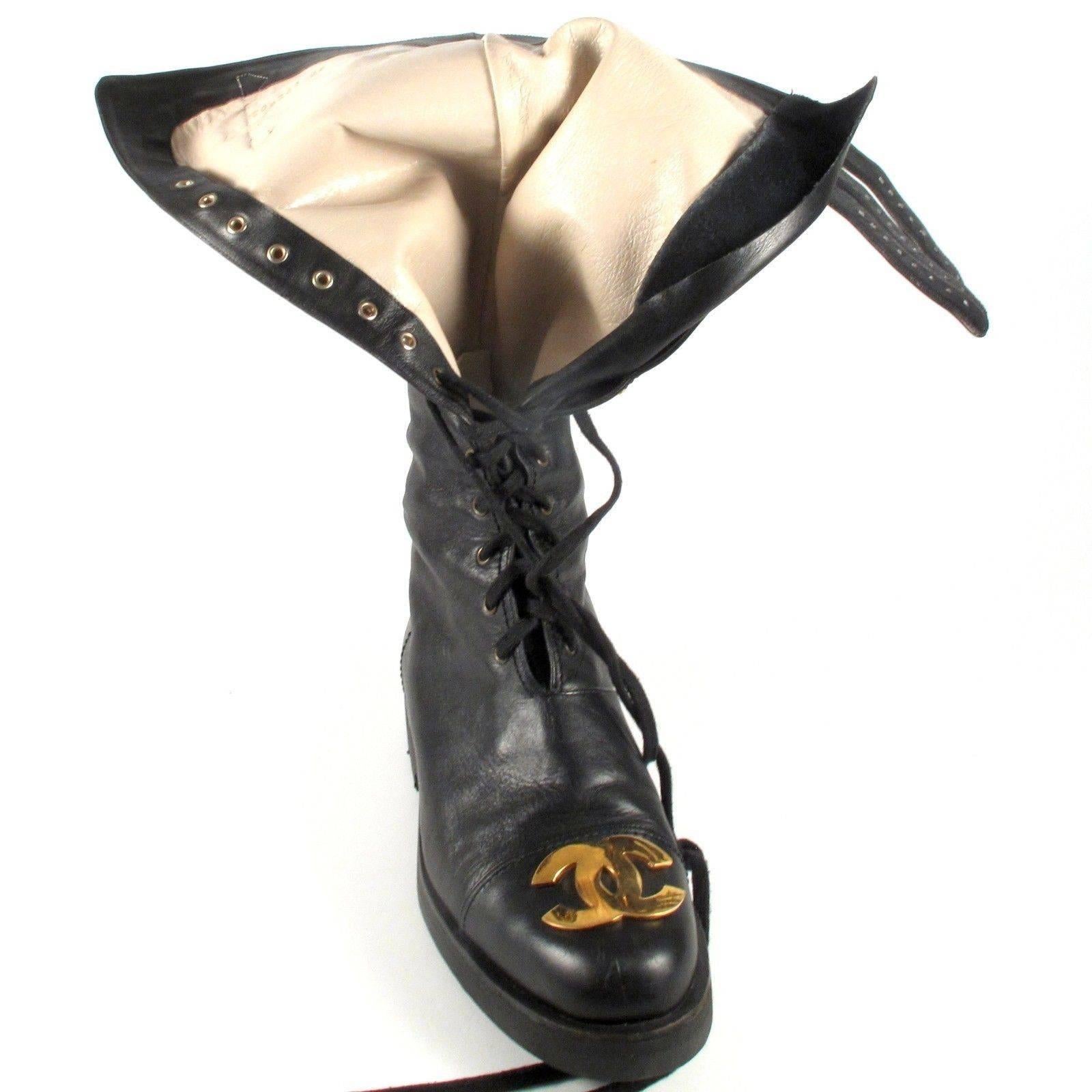 Chanel Boots 8/38 Tall Combat Vintage Black Leather CC Gold Lace Up Knee High 2