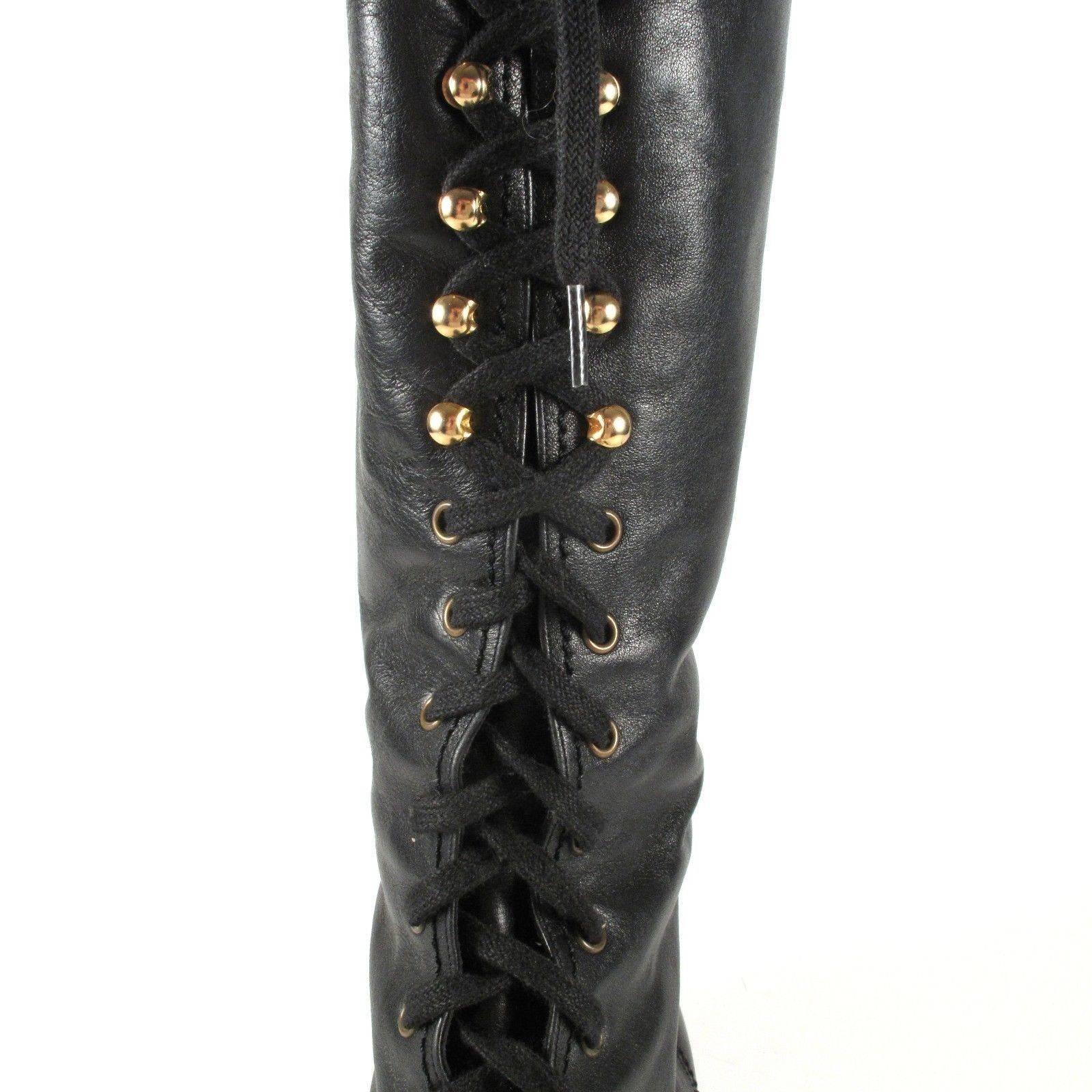 Chanel Boots 8/38 Tall Combat Vintage Black Leather CC Gold Lace Up Knee High In Excellent Condition In Prahran, Victoria