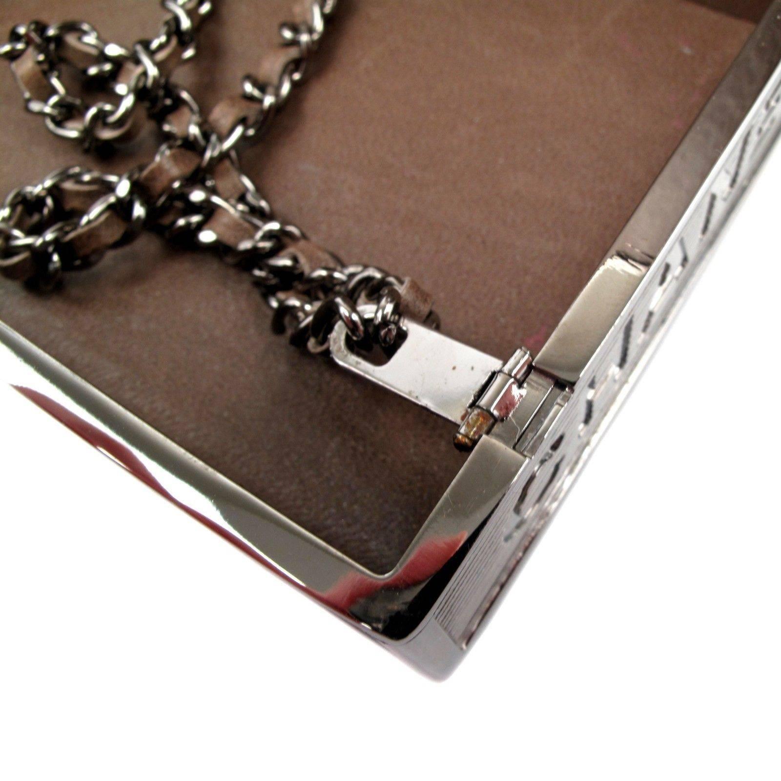 Chanel Cigarette Clutch Minaudie Box Brown Leather Case Silver Chain Wristlet CC For Sale 3