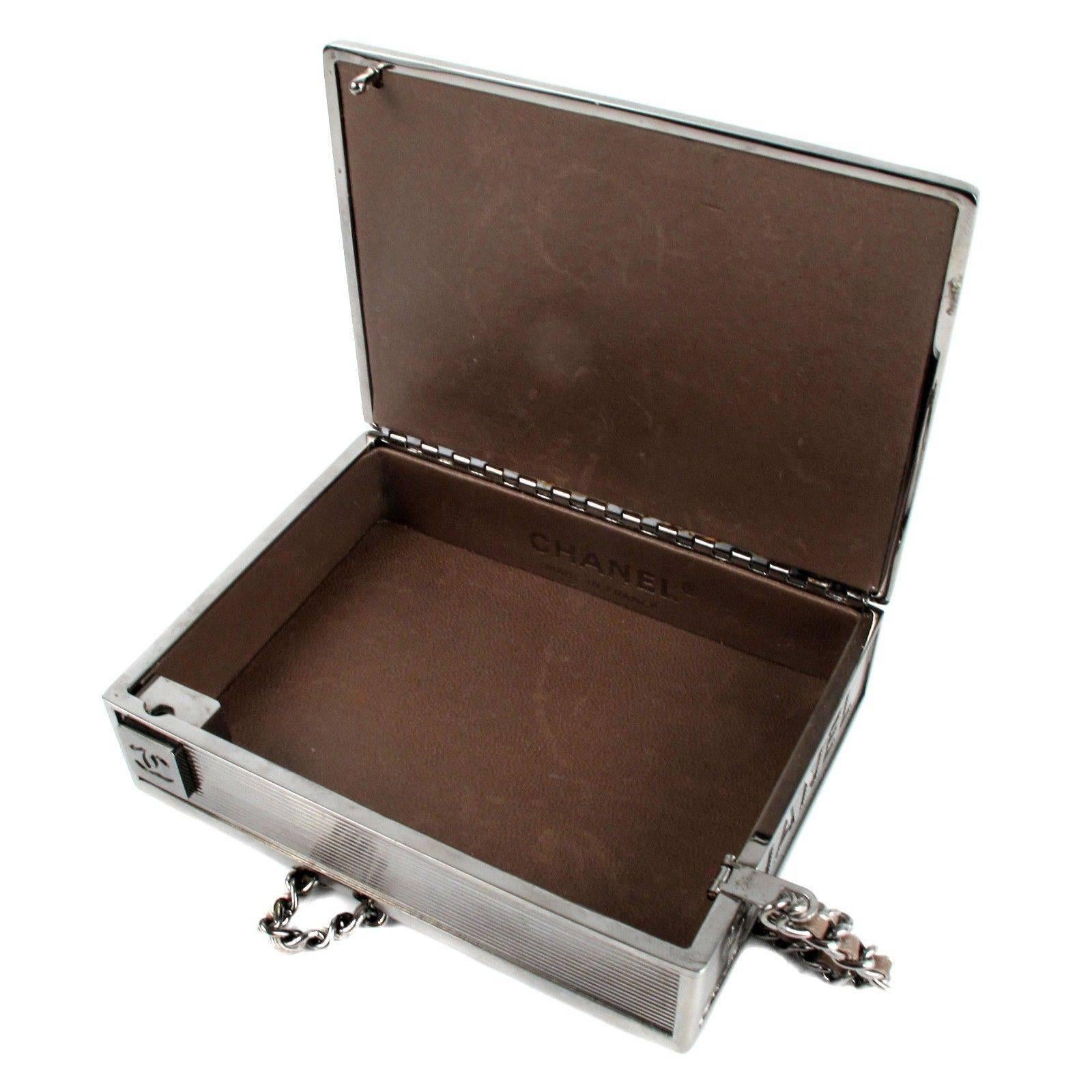Chanel Cigarette Clutch Minaudie Box Brown Leather Case Silver Chain Wristlet CC For Sale 1