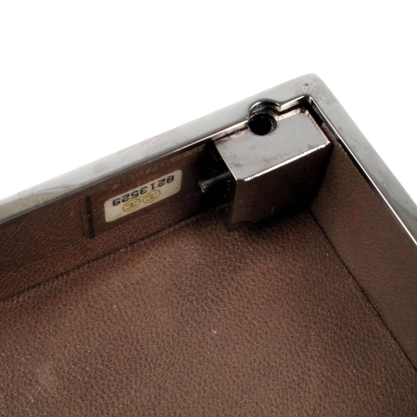 Chanel Cigarette Clutch Minaudie Box Brown Leather Case Silver Chain Wristlet CC For Sale 4