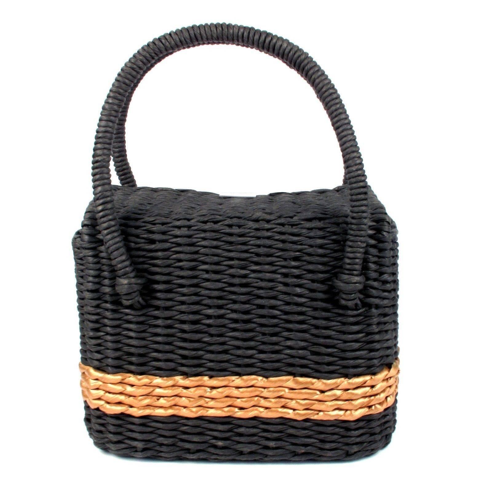 Chanel Straw Bag - Rare Basket Woven Raffia Tote Bag Gray Tan Black Leather CC In Excellent Condition In Prahran, Victoria