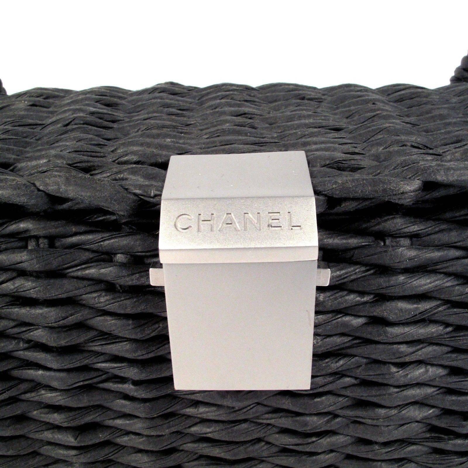 Chanel Straw Bag - Rare Basket Woven Raffia Tote Bag Gray Tan Black Leather CC 2
