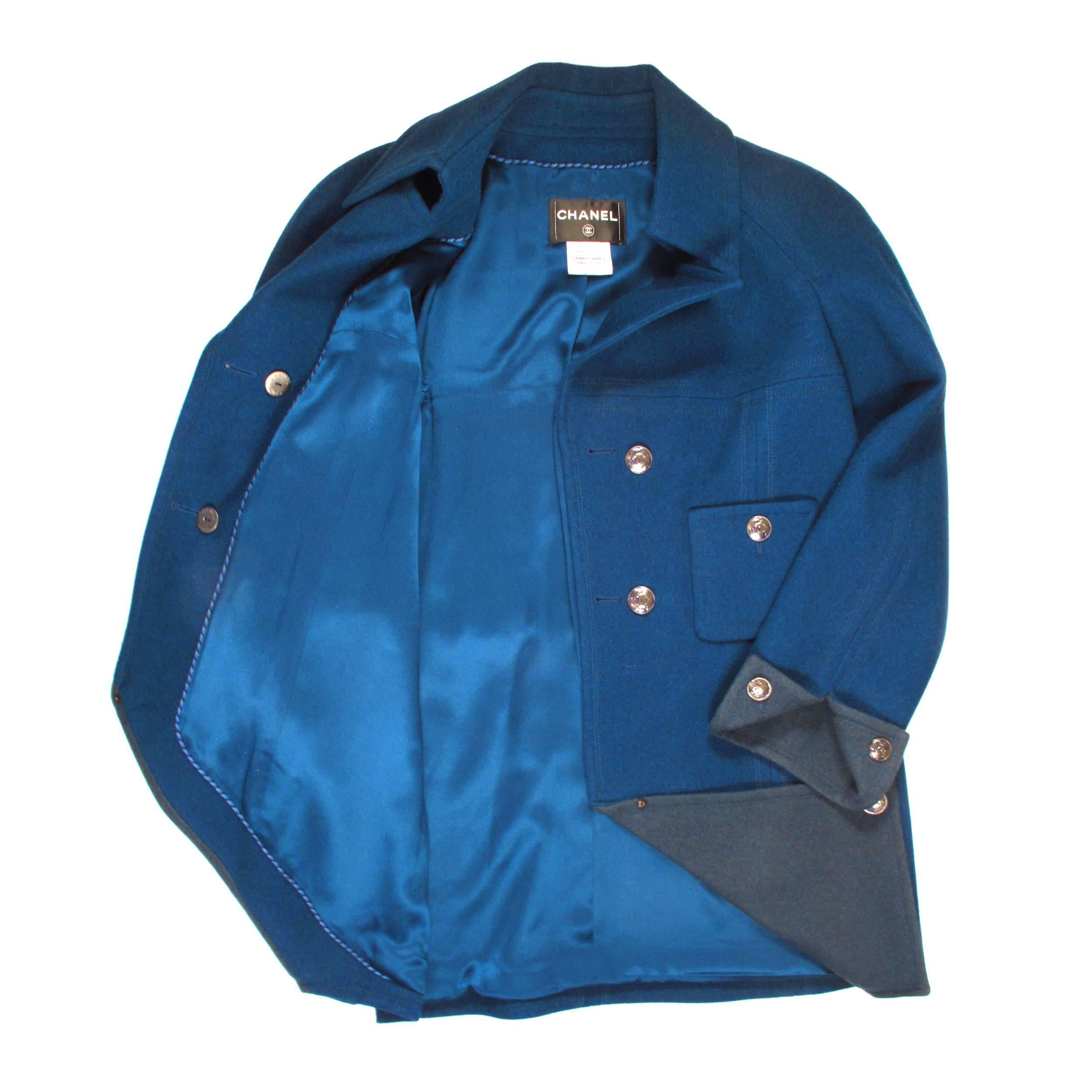 Chanel $6600 - 2013 Peacoat 10 12 44 Runway Blue Wool Coat Jacket CC Silk XL 13K In Excellent Condition In Prahran, Victoria