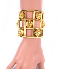 Chanel Cage Cuff Bracelet - Vintage Gold Wide Bangle CC Logo Charm Symbols Lucky