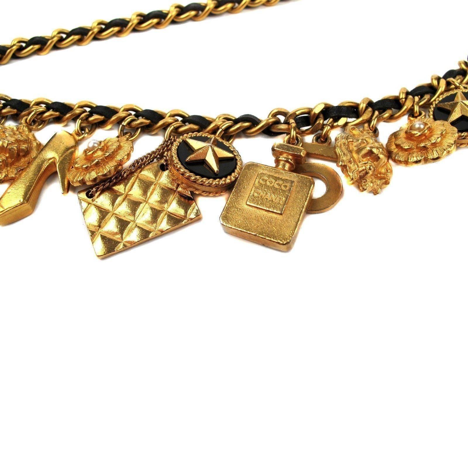 Chanel Charm Necklace Belt CC Black Leather Gold Chain Lucky Bottle Pearl 5 Bag In Good Condition In Prahran, Victoria
