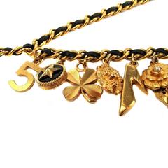 Chanel Charm Necklace Belt CC Black Leather Gold Chain Lucky Bottle Pearl 5 Bag