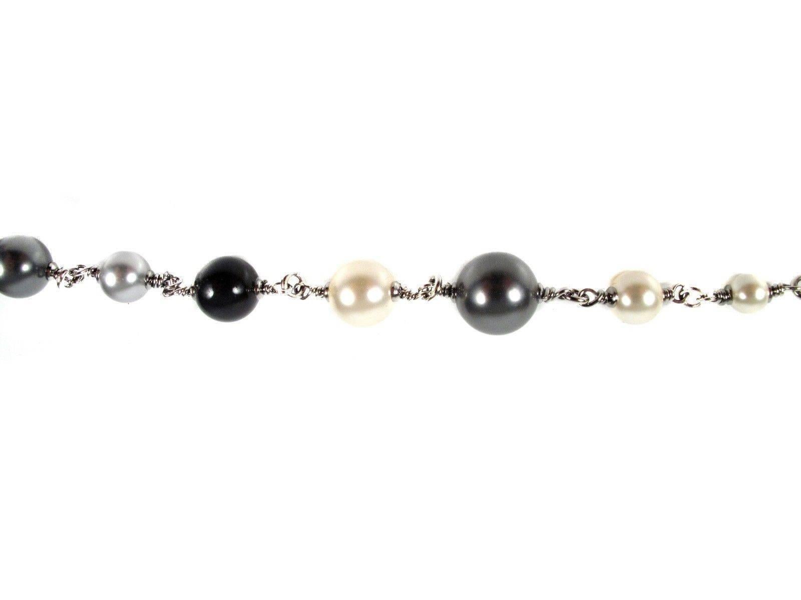 Chanel Pearl Necklace 2011 Black Gray CC Logo Silver Charm Belt Beaded 3