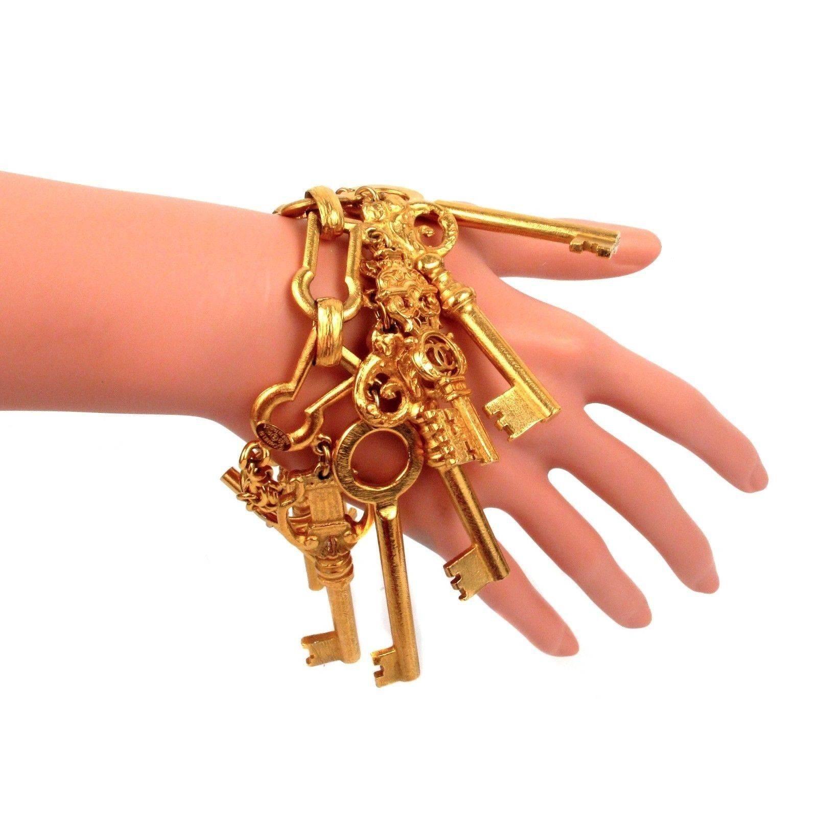 Chanel Skeleton Key Bracelet Vintage Gold Charm CC 93P Cuff Bangle 1993 3