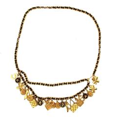 Chanel Charm Necklace Belt CC Black Leather Gold Chain Lucky Bottle Pearl 5 Bag