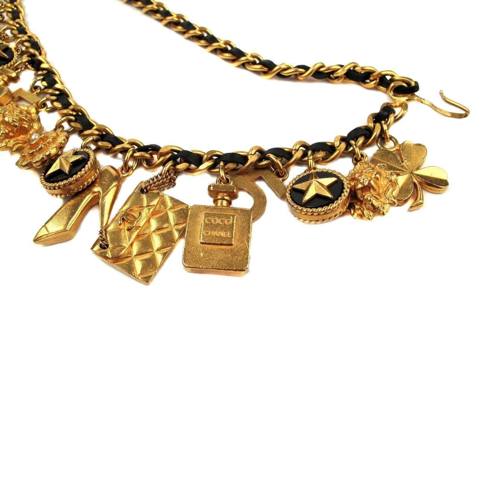 Chanel Charm Necklace Belt CC Black Leather Gold Chain Lucky Bottle Pearl 5 Bag In Fair Condition In Prahran, Victoria