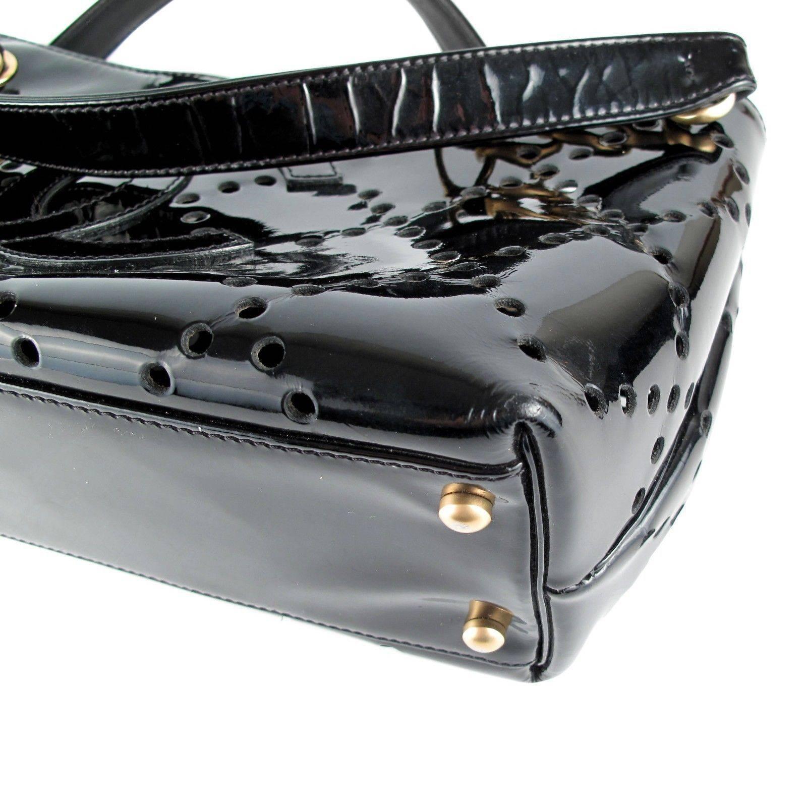 Chanel Tote Bag Perforated Black Patent Leather CC Gold Handbag Shopper GST Rare 3