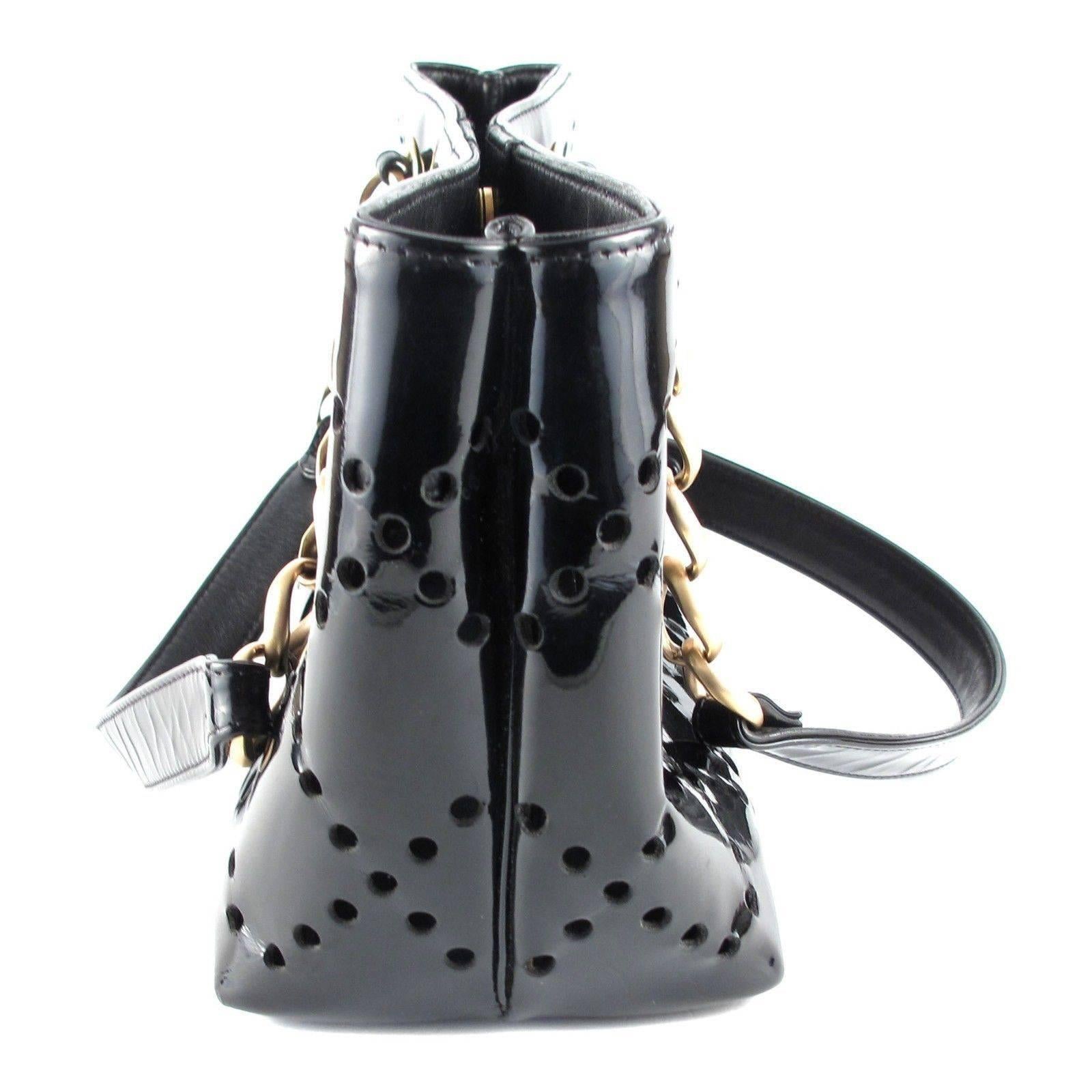 Women's Chanel Tote Bag Perforated Black Patent Leather CC Gold Handbag Shopper GST Rare