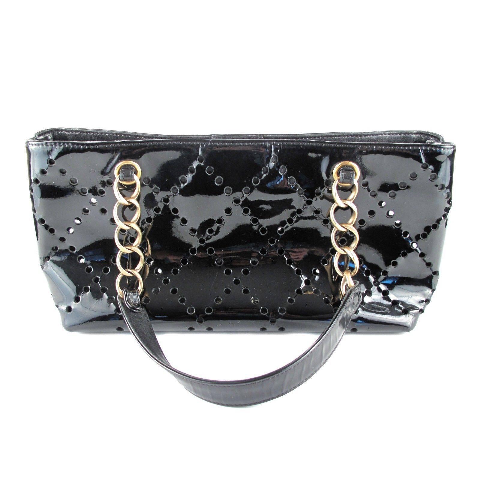 Chanel Tote Bag Perforated Black Patent Leather CC Gold Handbag Shopper GST Rare In Good Condition In Prahran, Victoria