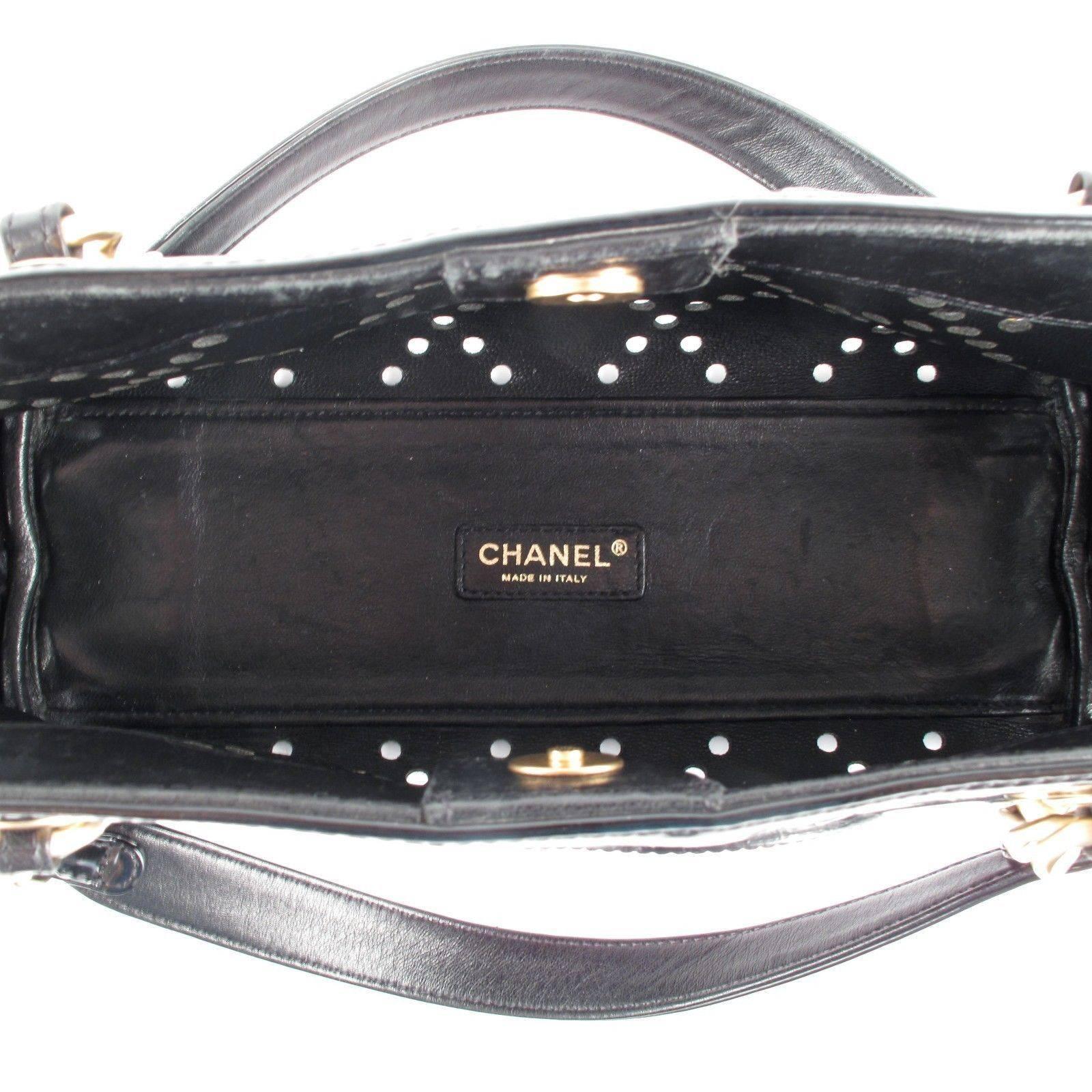 Chanel Tote Bag Perforated Black Patent Leather CC Gold Handbag Shopper GST Rare 4