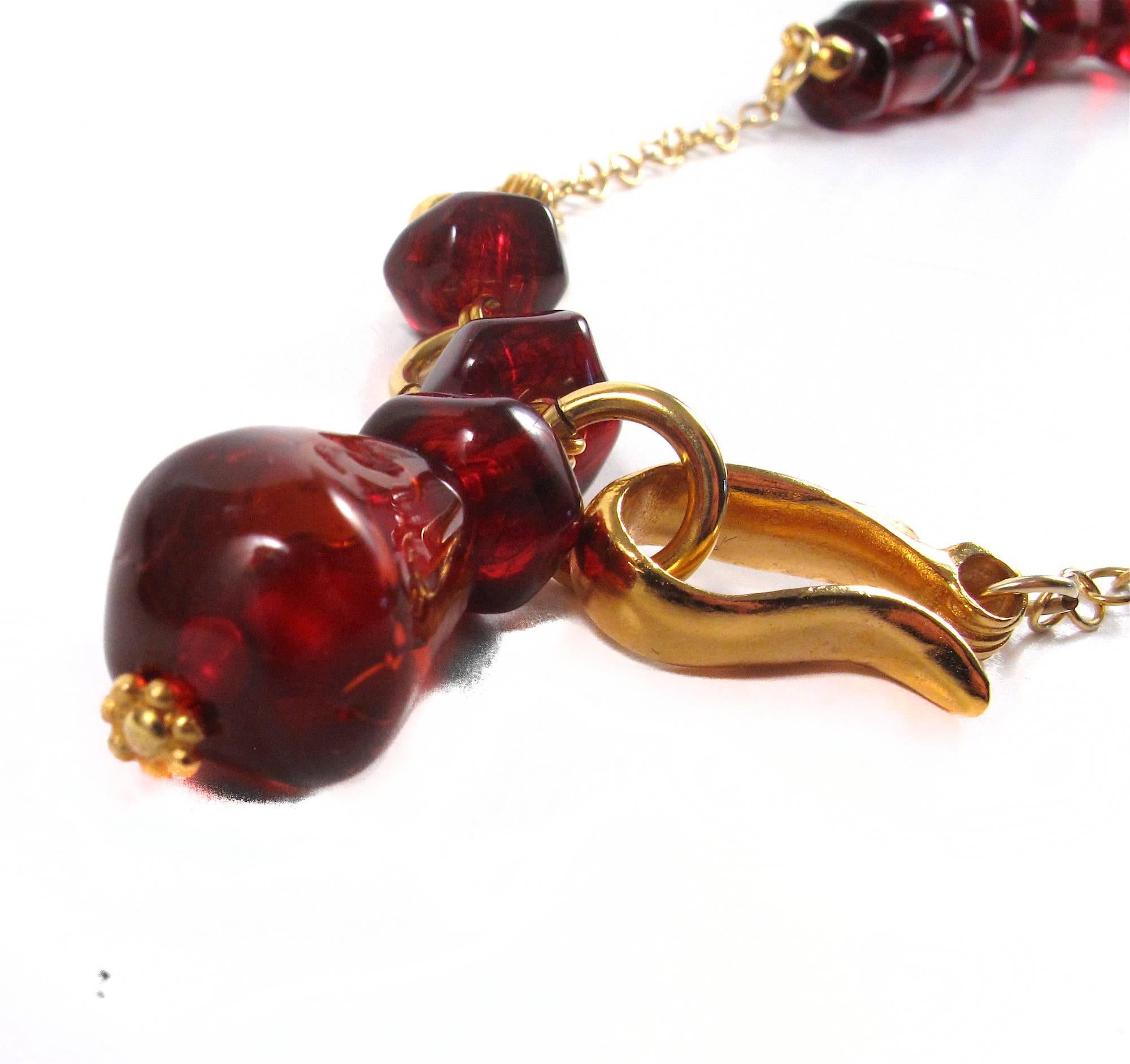 Women's Chanel Glass Necklace - Red Gripoix Beads CC Logo Pendant Charm Gold 99P Chain