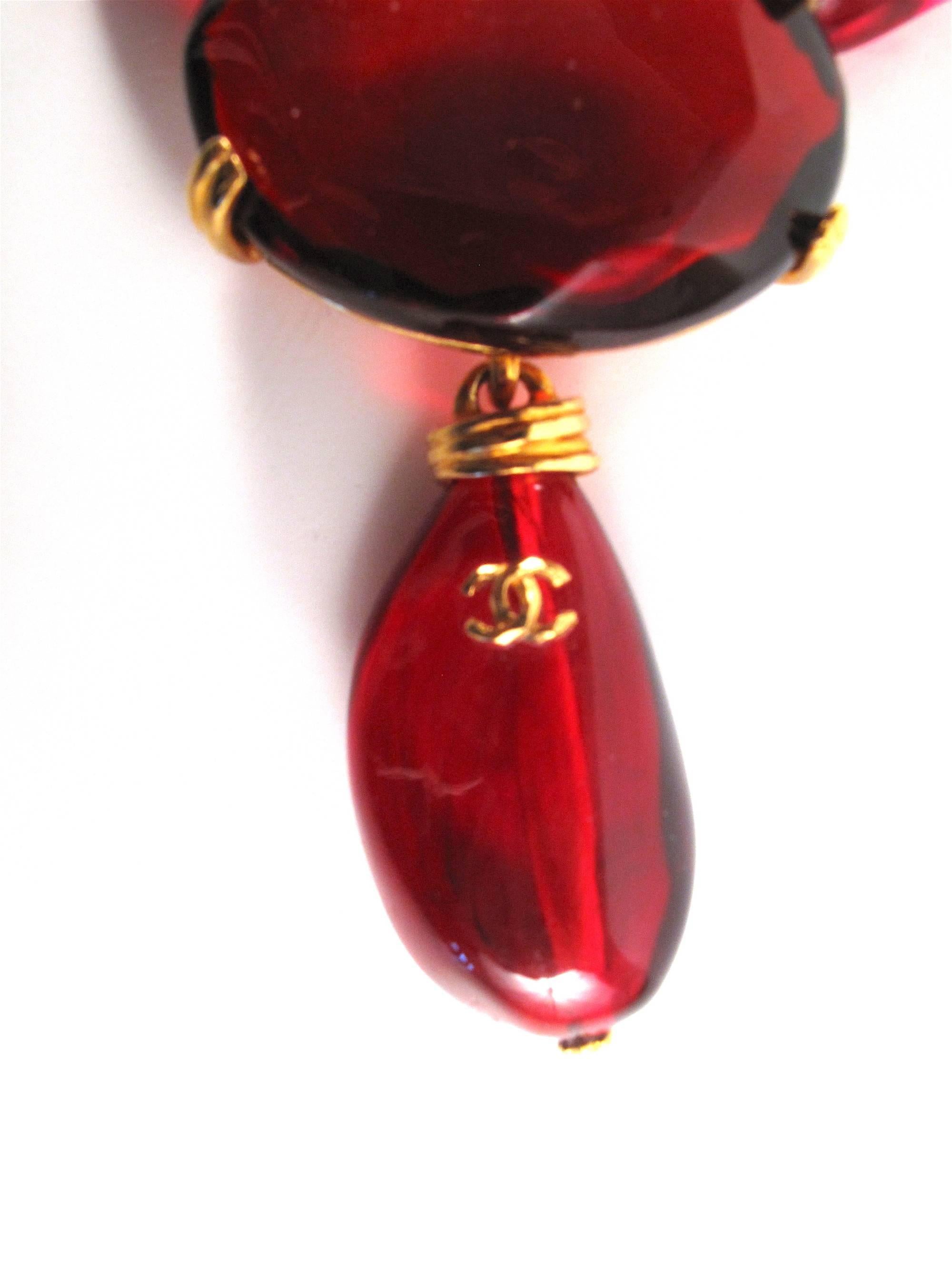 Chanel Glass Necklace - Red Gripoix Beads CC Logo Pendant Charm Gold 99P Chain In Excellent Condition In Prahran, Victoria